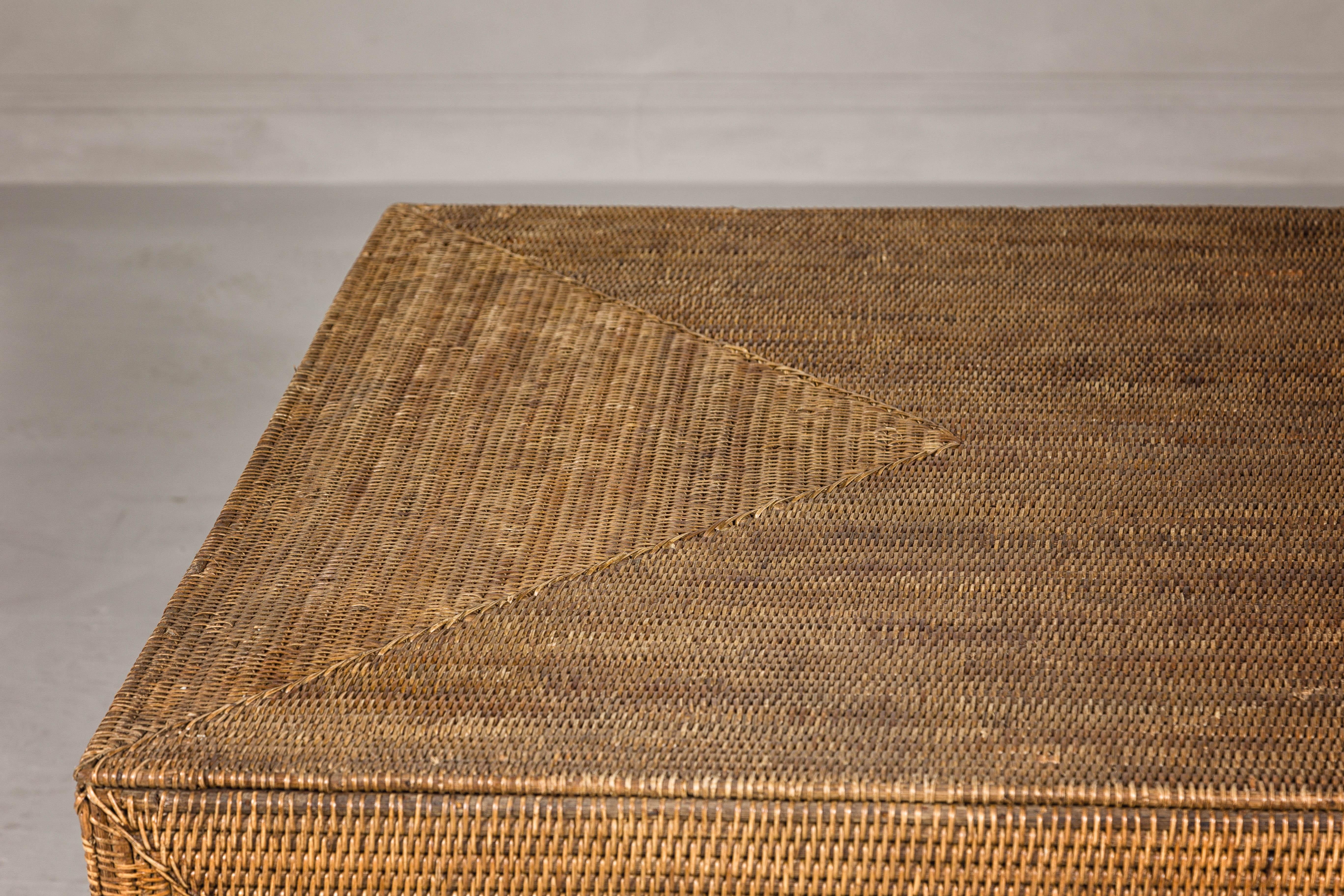 Country Style Woven Rattan on Wooden Core Light Brown Parsons Leg Coffee Table For Sale 4
