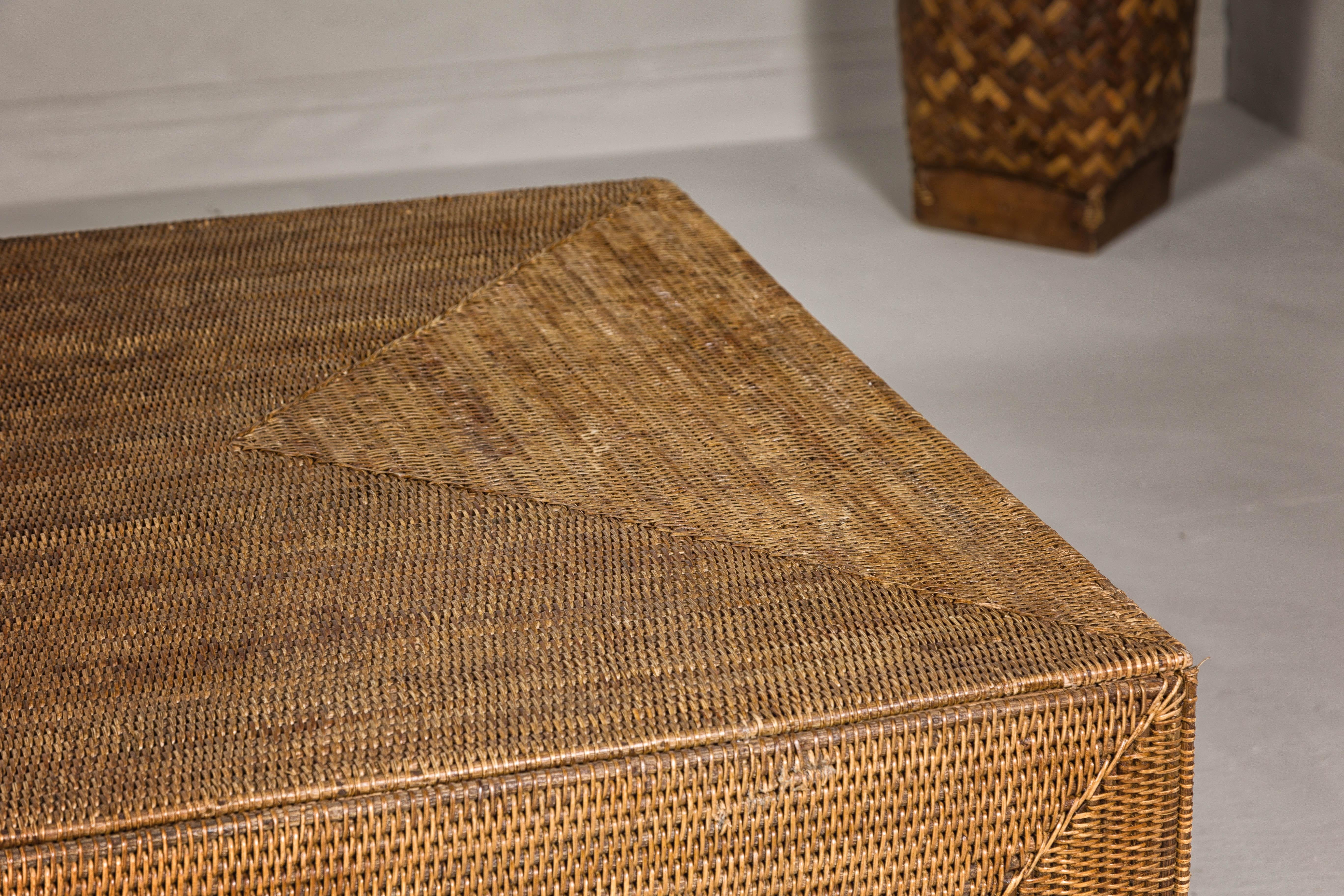 Country Style Woven Rattan on Wooden Core Light Brown Parsons Leg Coffee Table For Sale 5