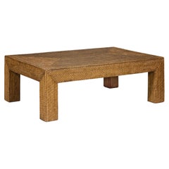 Table basse de style campagnard en rotin tressé sur base en bois, à pieds Parsons, de couleur Brown clair