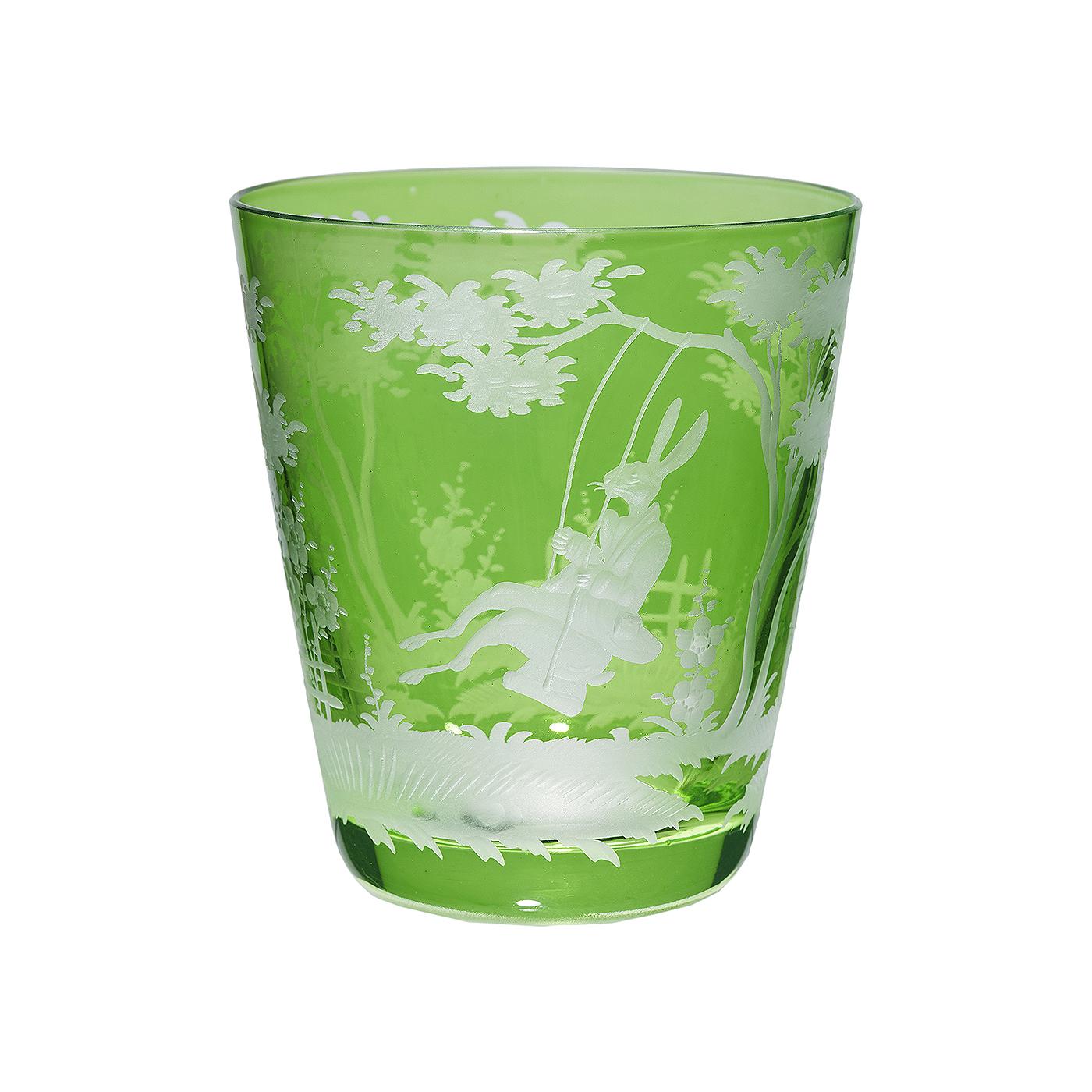 Set of six hand blown tumbler in green crystal with a hand-edged Easter style decor. The decor shows a hand-engraved antique Easter decor with bunnies all-over the glass. Handmade in Bavaria/Germany. Can be ordered in different colors. Colored