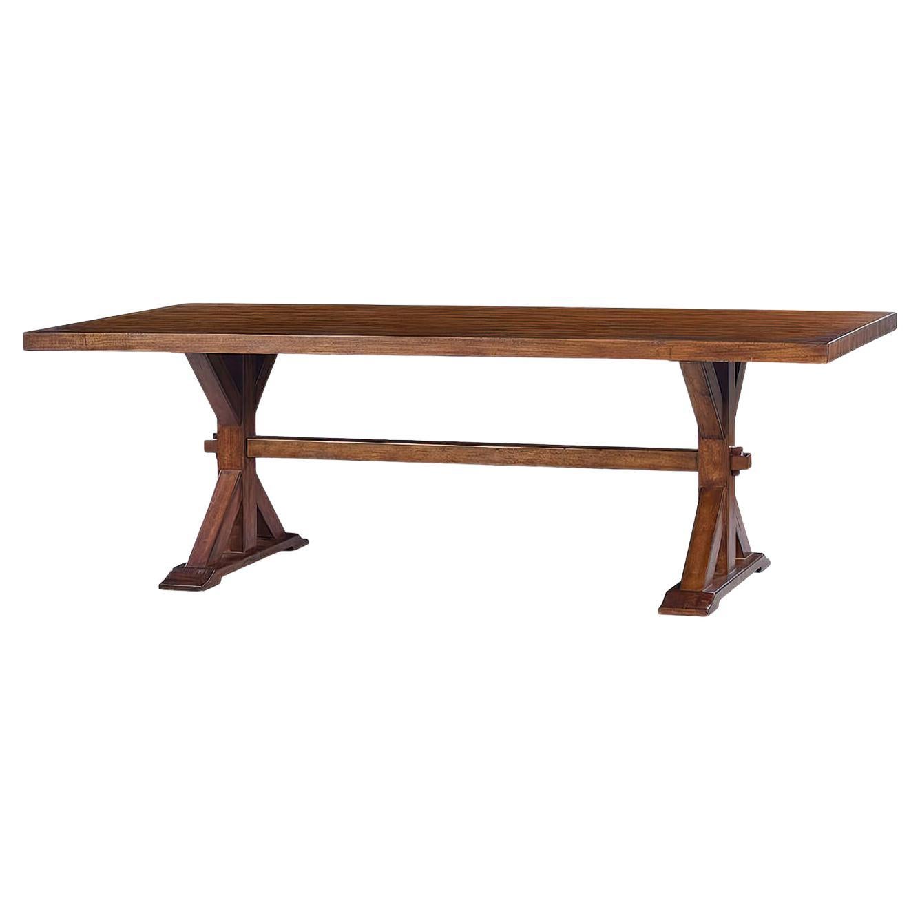 Country Trestle Dining Table, Dark Rustic Finish For Sale
