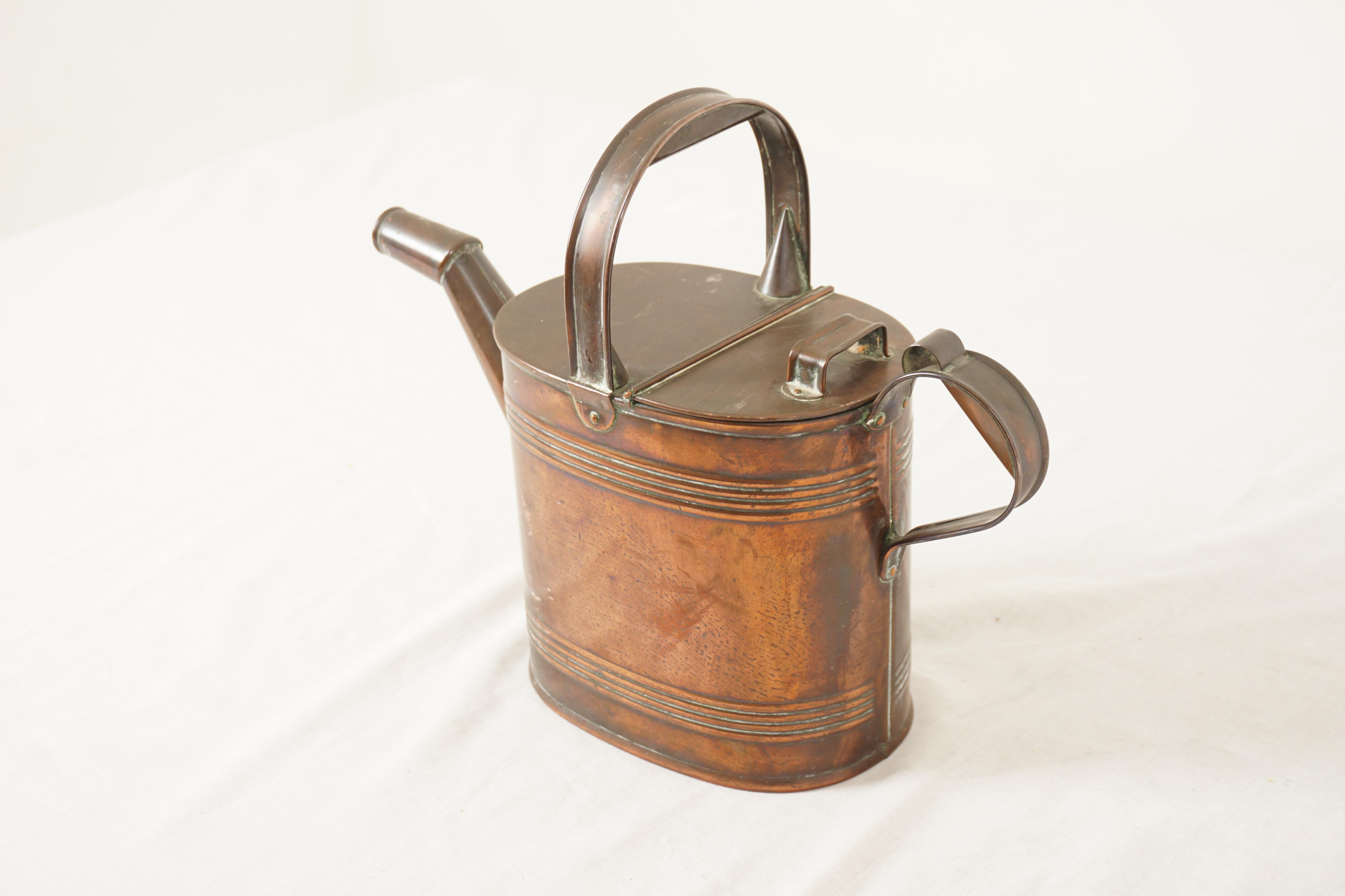 Antique Country Victorian Copper Water Watering Can, Jug with Handle, Scotland 1880, H1129

Scotland 1880
Solid Copper
Original Finish
Rounded top handle
Shaped handle on the end
Lift up lid
Large rounded spout
All in original