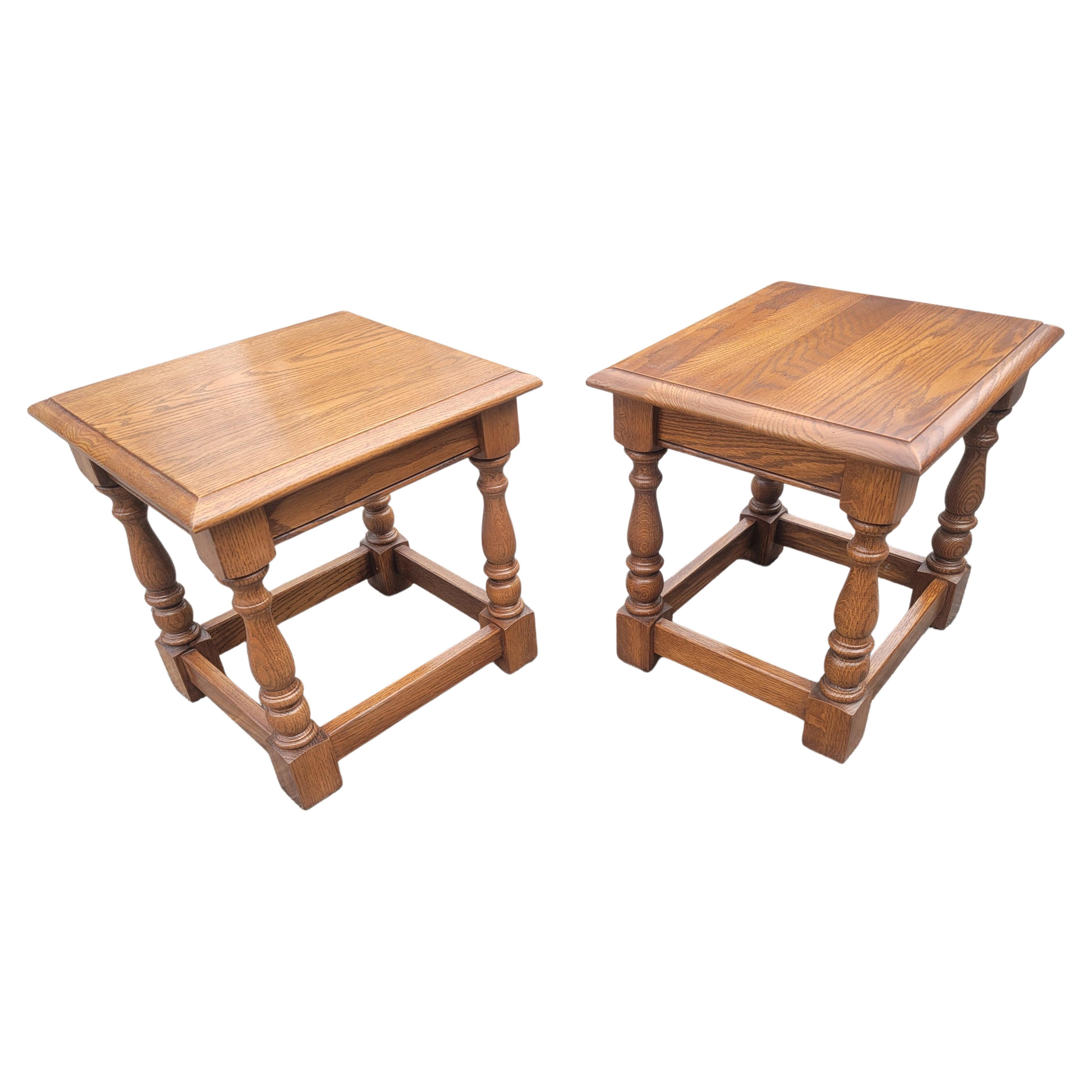 A solid pair of country view amish handcrafted mission oak low stools or footstools in great vintage condition. Measure 15 inches in width, 13.5 inches in depth and 15 inches tall.