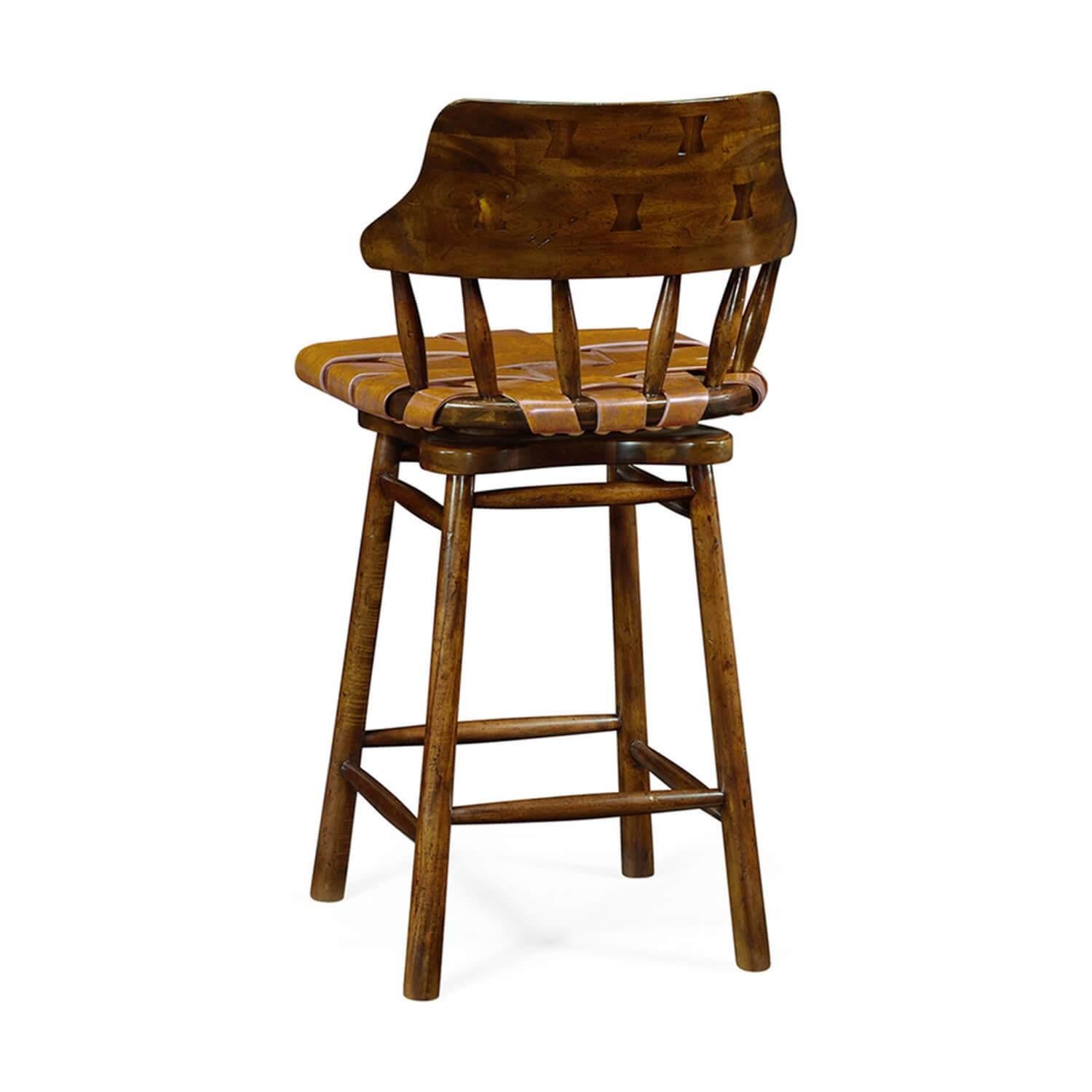 Vietnamese Country Walnut and Leather Counter Stool