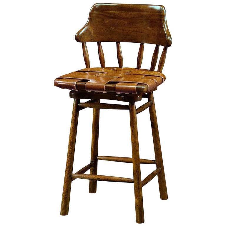 Country Walnut and Leather Bar Stool