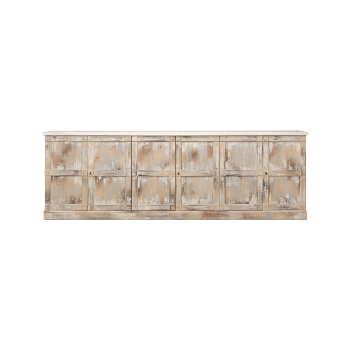 Made of pine finished in a weathered and washed gray finish that is antiqued and distressed with an off-white stucco color painted top. With six doors, a rectangular form and a perfect depth of 15