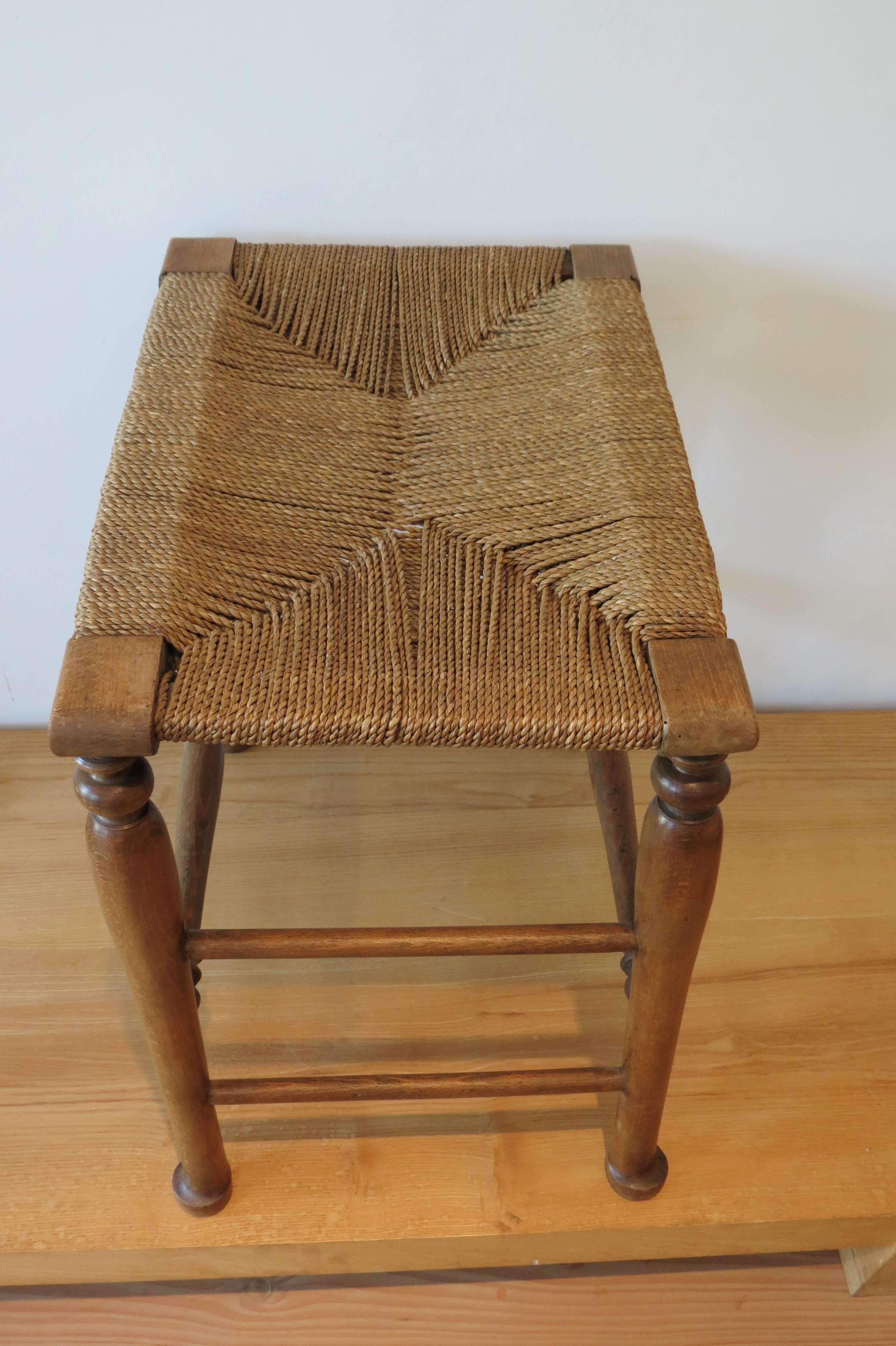 Country Wooden Stool with Woven Seat, 1900s 3