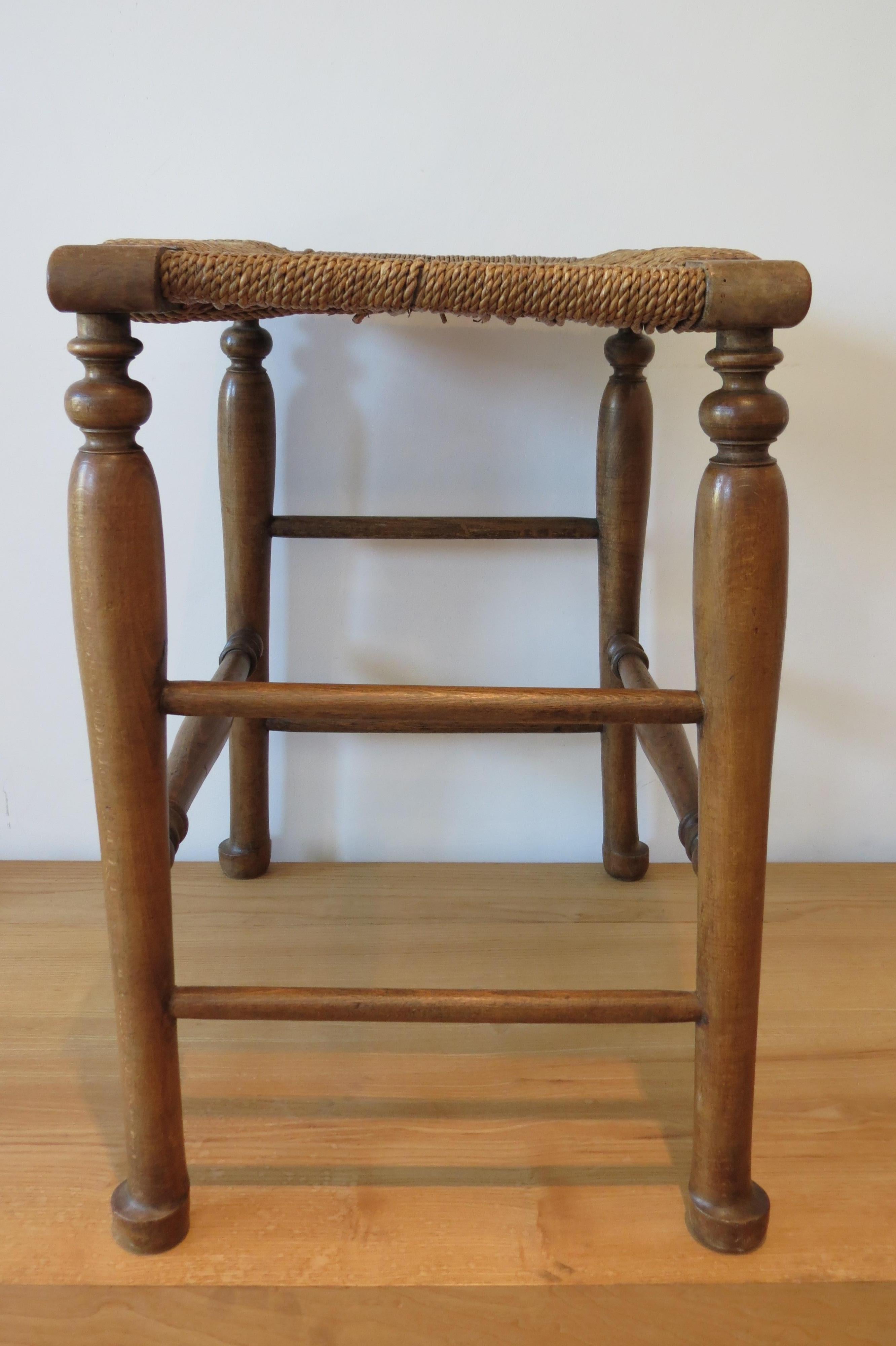 Country Wooden Stool with Woven Seat, 1900s 4