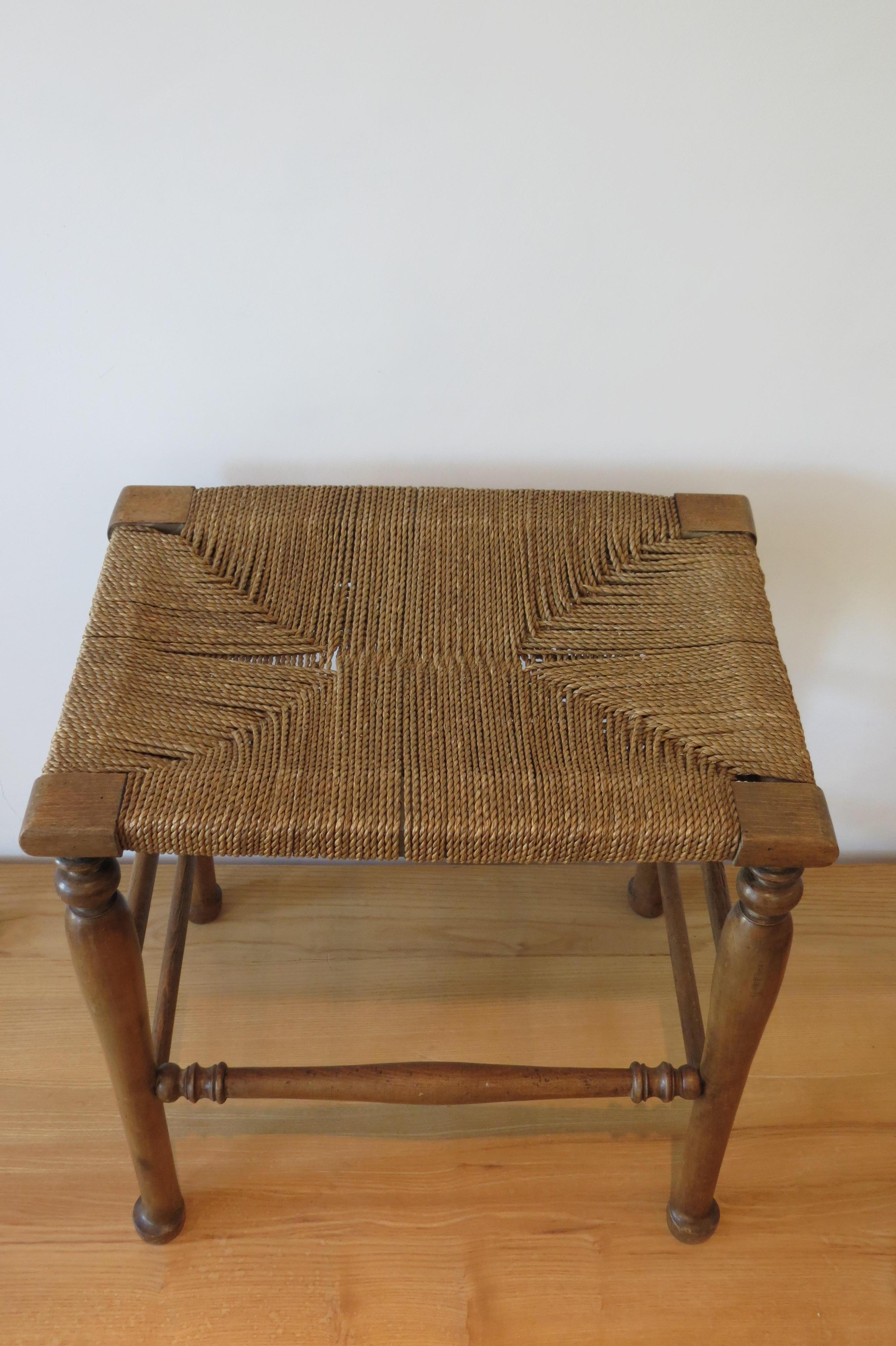 Country Wooden Stool with Woven Seat, 1900s 1