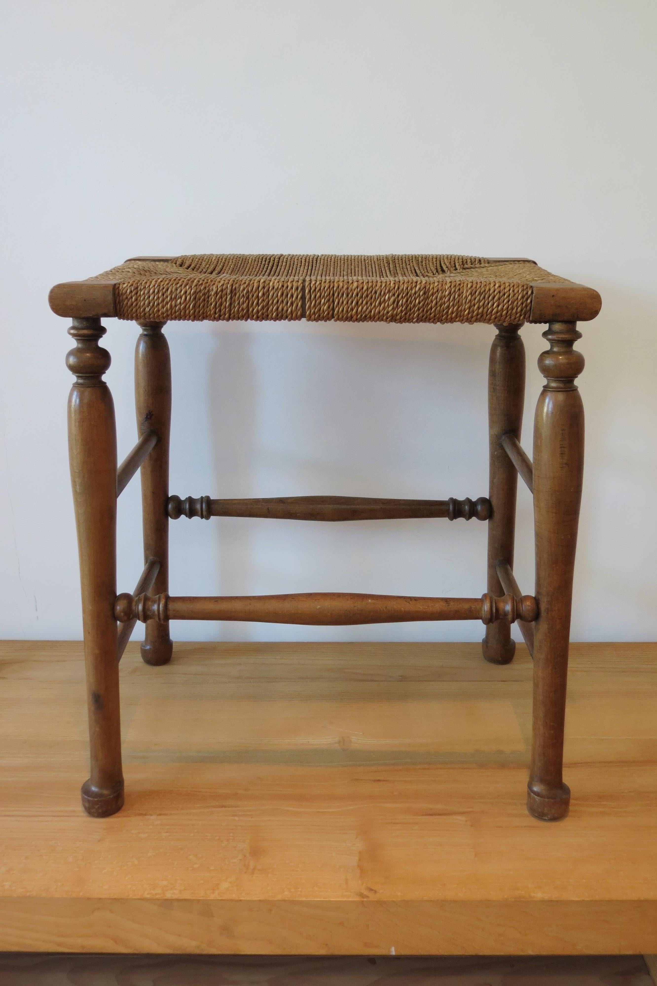 Country Wooden Stool with Woven Seat, 1900s 2