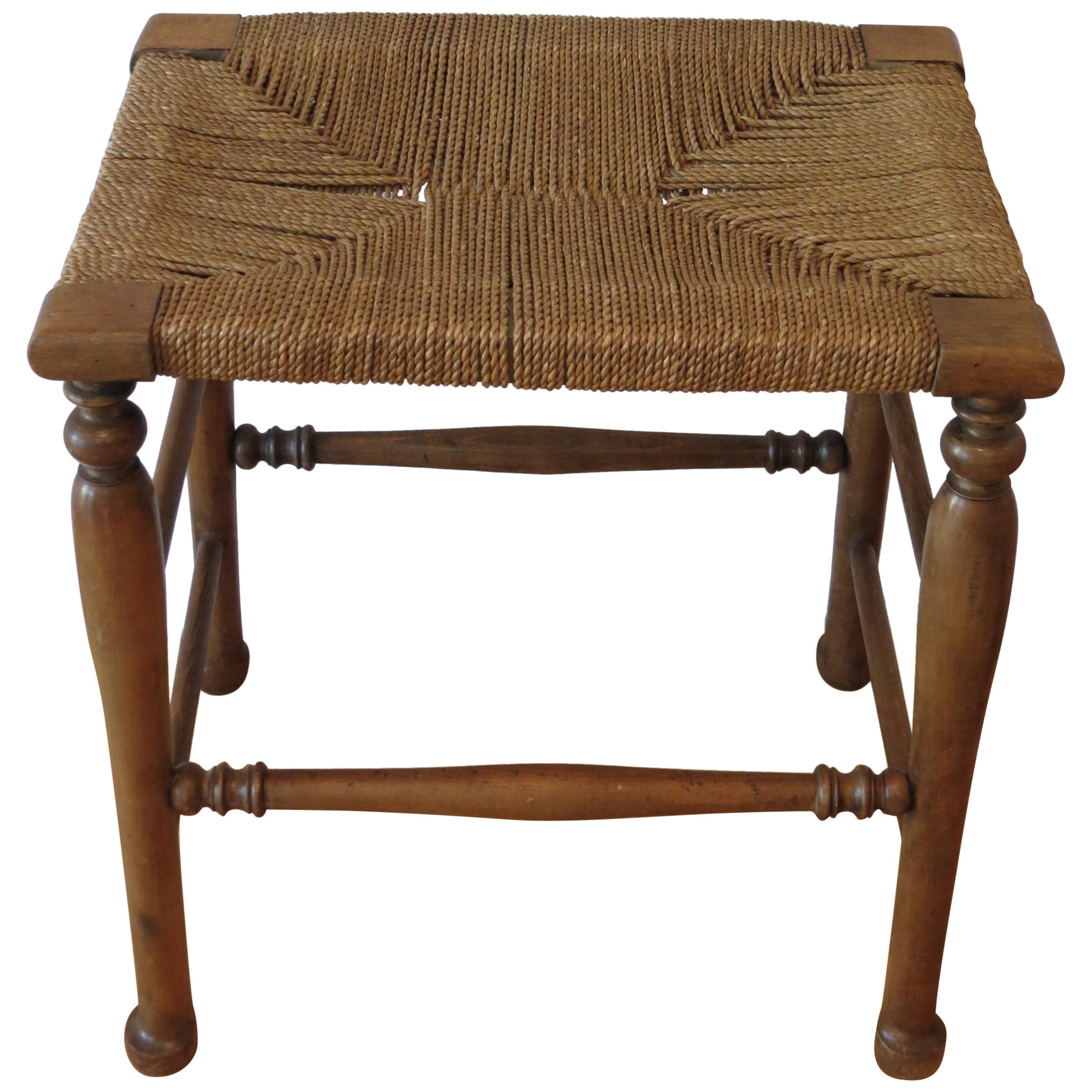 Country Wooden Stool with Woven Seat, 1900s
