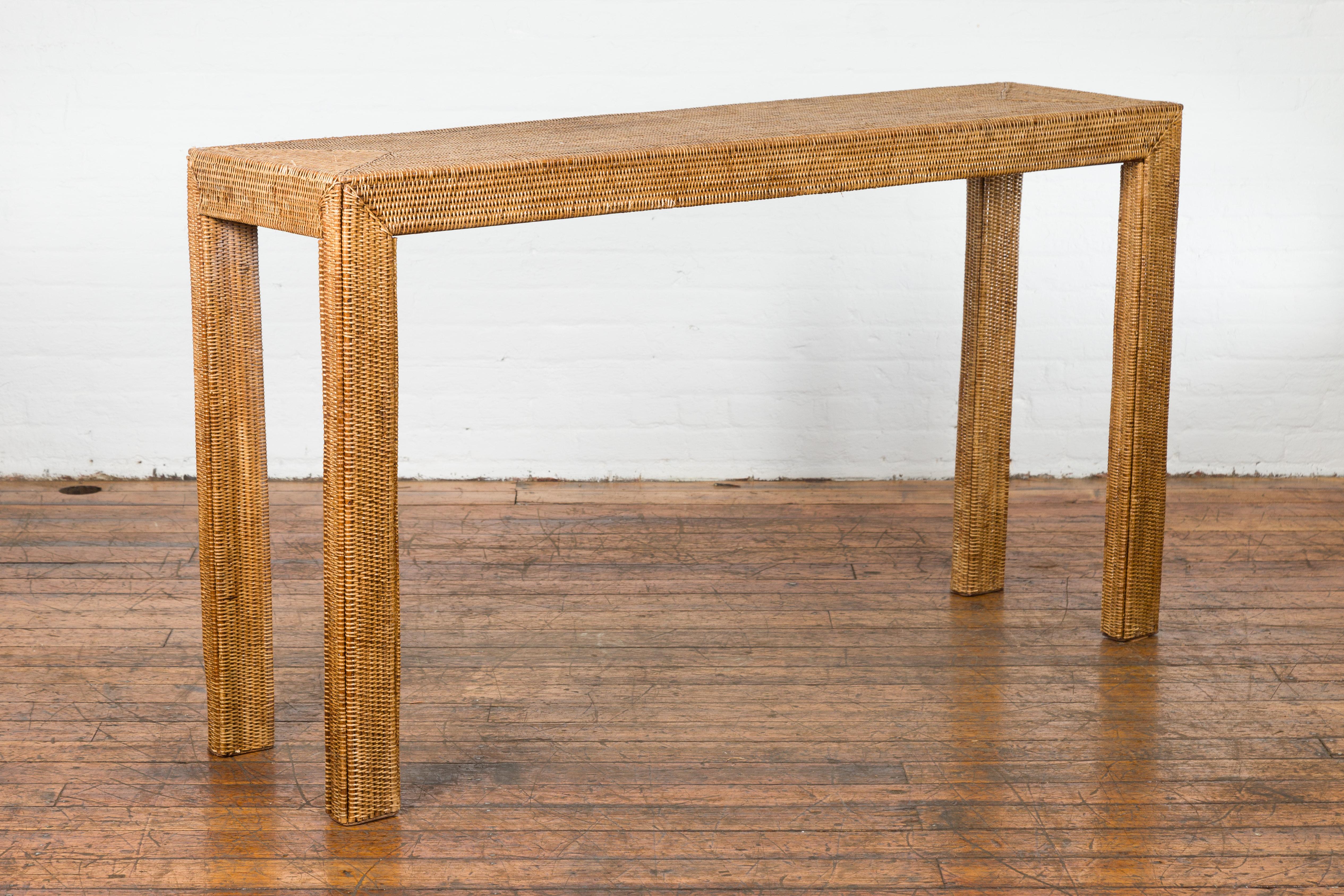 Rectangular Vintage Woven Rattan Console Table For Sale 3