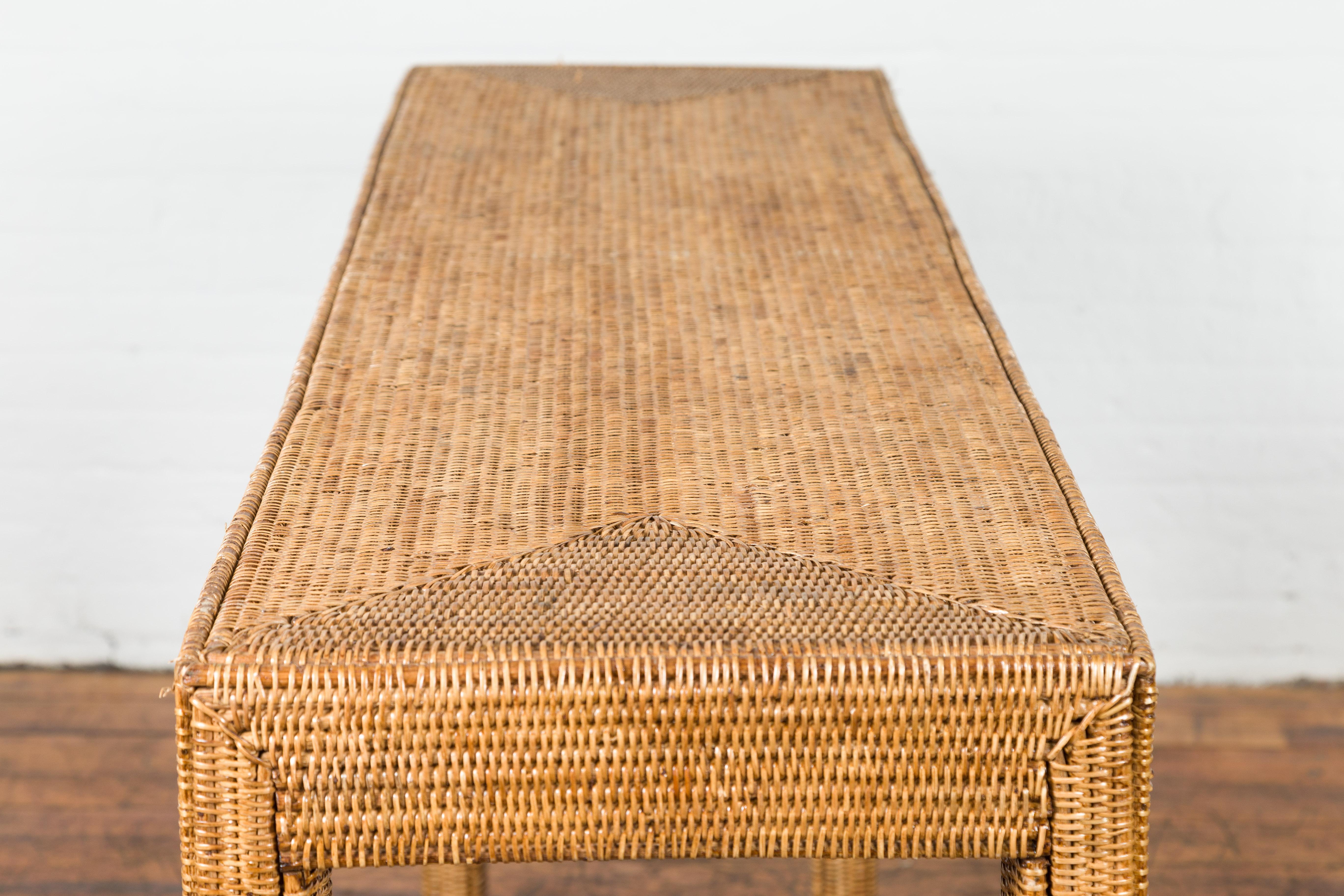 Rectangular Vintage Woven Rattan Console Table For Sale 7