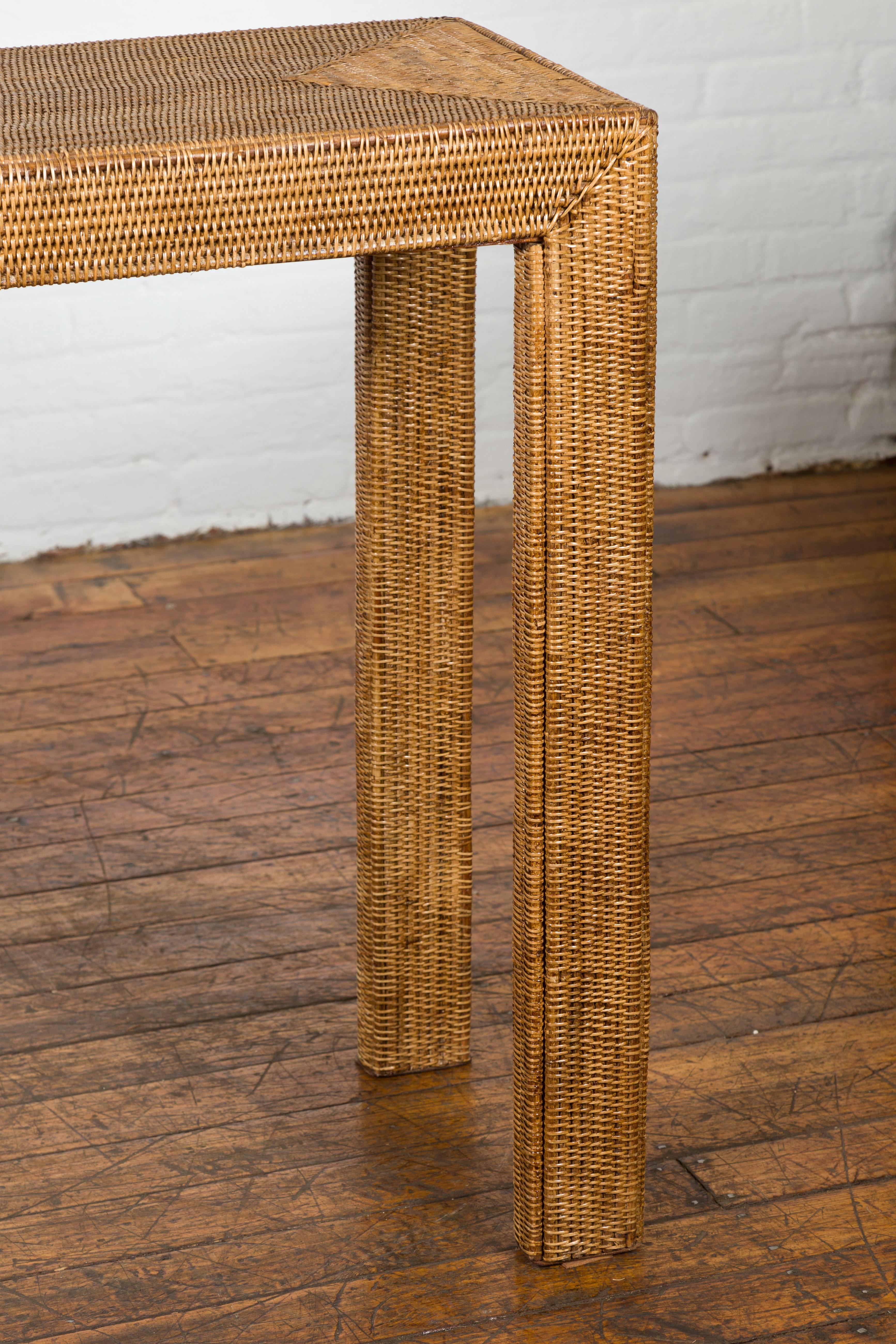 Country Rectangular Vintage Woven Rattan Console Table For Sale