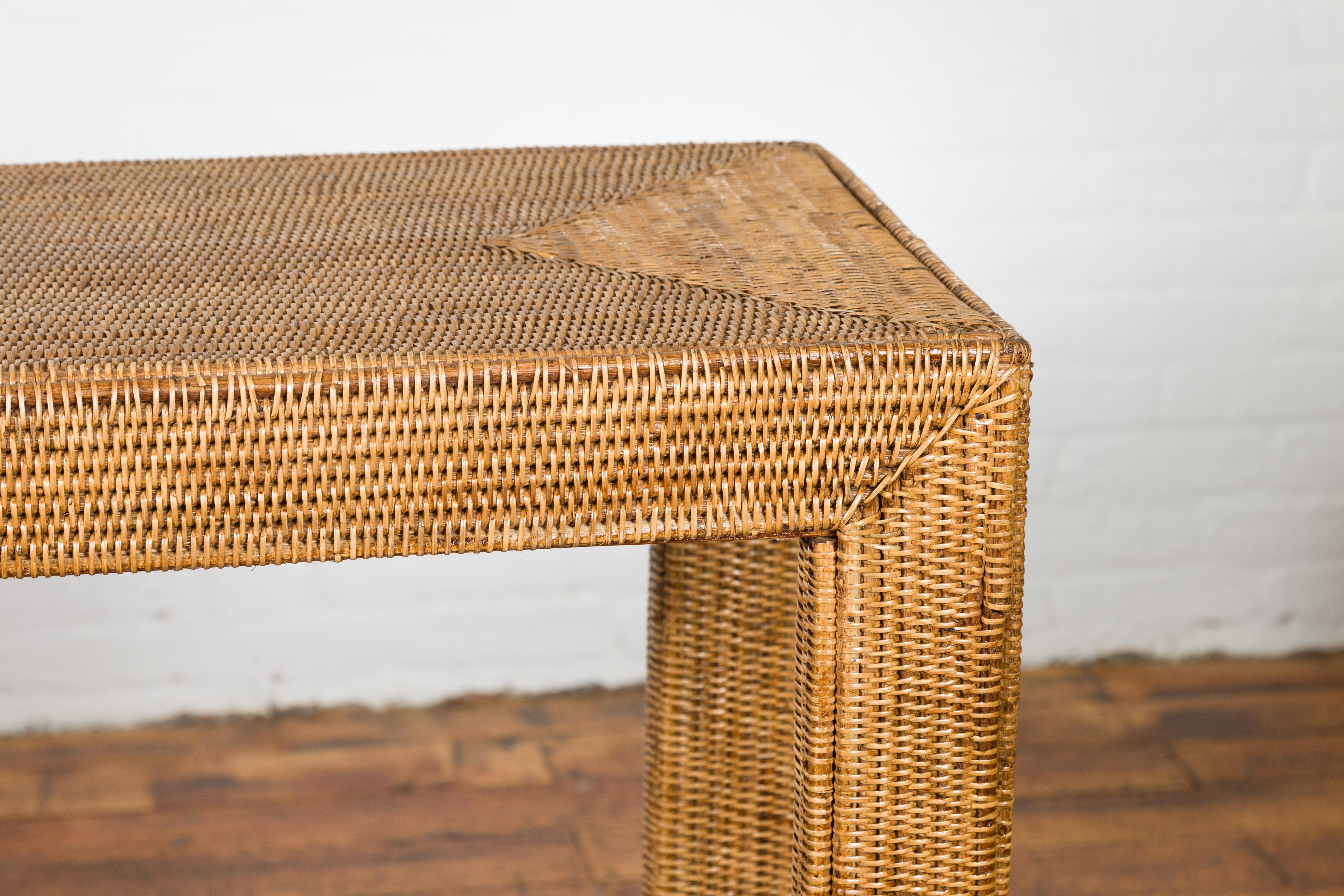 Rectangular Vintage Woven Rattan Console Table In Good Condition For Sale In Yonkers, NY