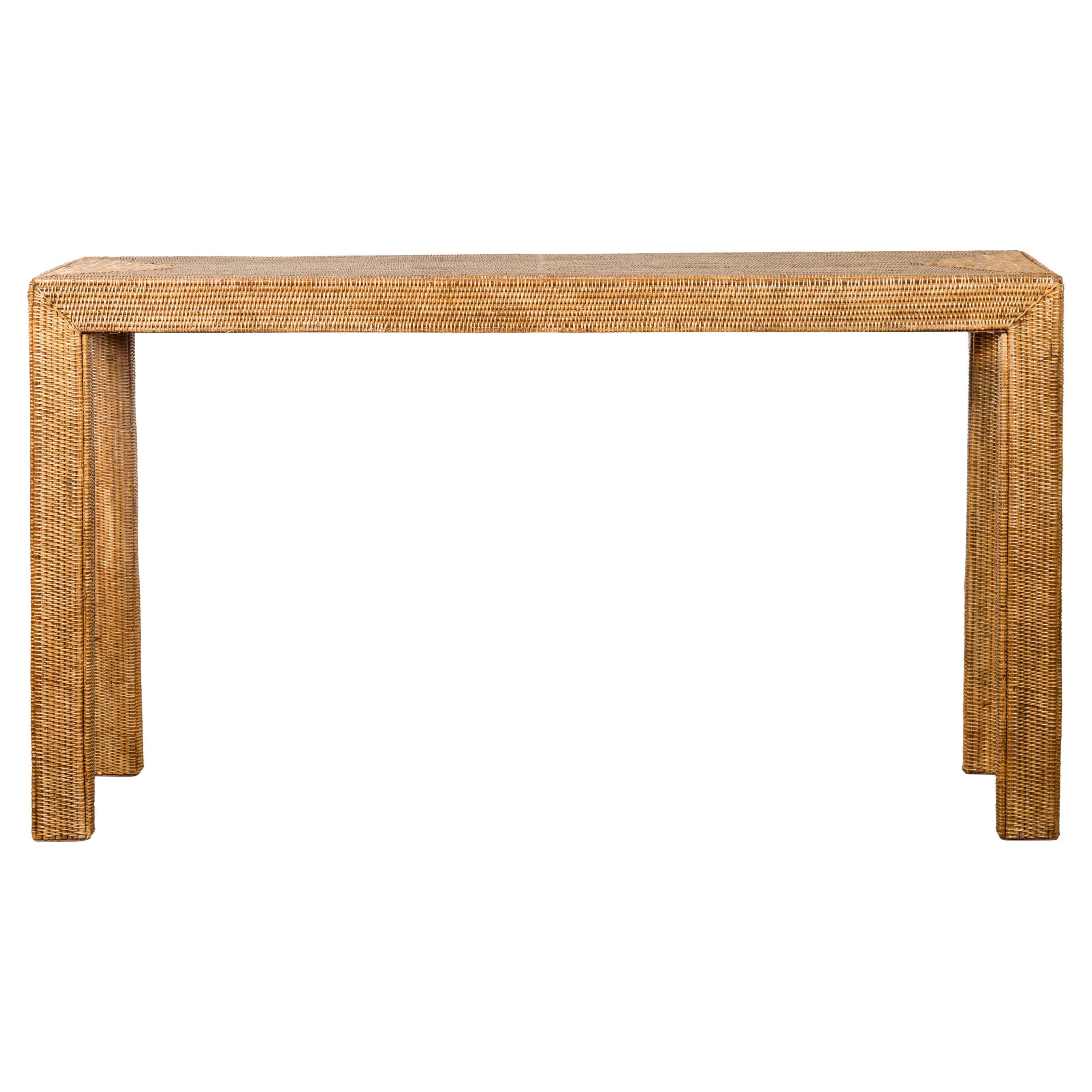Rectangular Vintage Woven Rattan Console Table For Sale