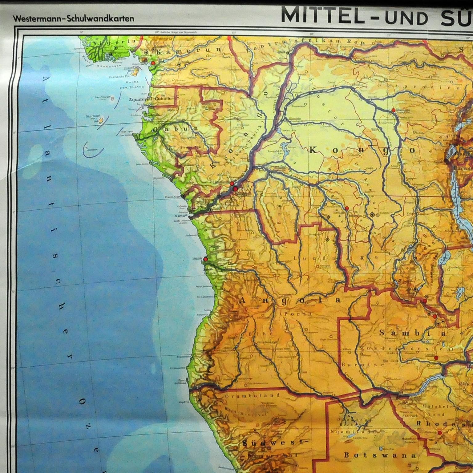 The cottagecore pull-down mural map depicts Middle and South Africa. Published by Westermann. Colorful print on paper reinforced with canvas. A great scroll picture with a vintage look for all friends of African decorations.
Measurements:
Width 213