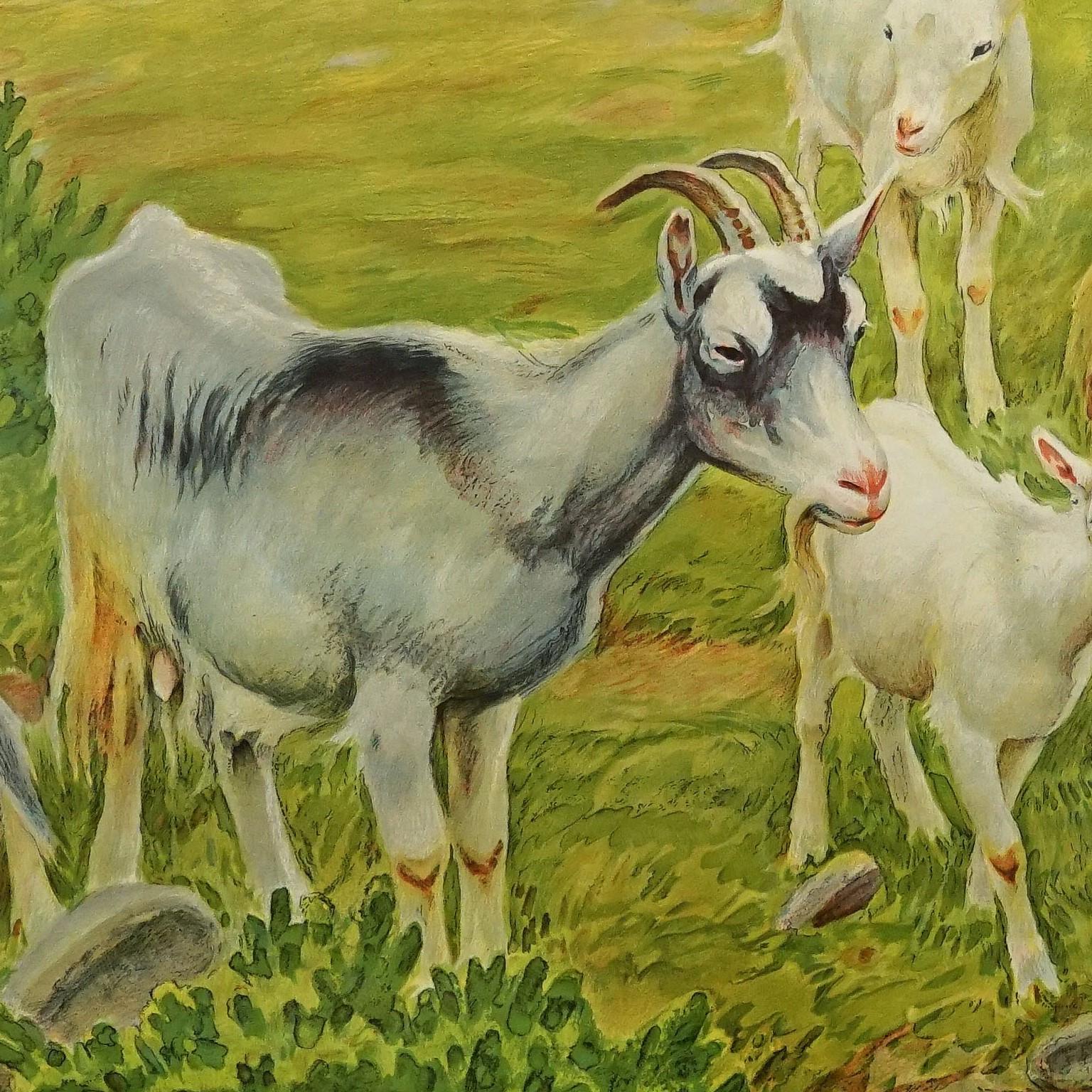 Rollbare Vintage-Wandtafel „Goats on the Mountain Pasture“ von Countrycore (Land) im Angebot