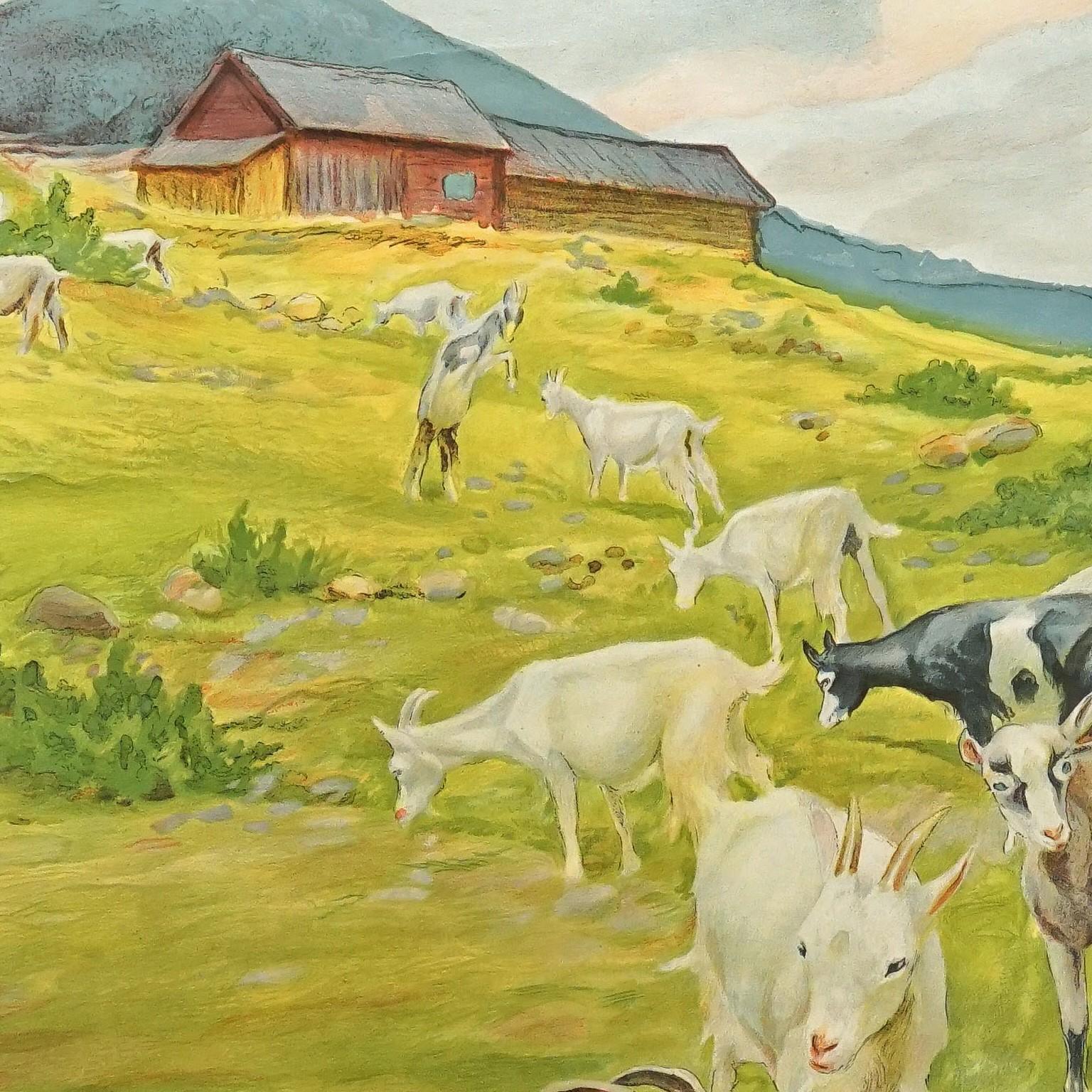 Rollbare Vintage-Wandtafel „Goats on the Mountain Pasture“ von Countrycore (Deutsch) im Angebot