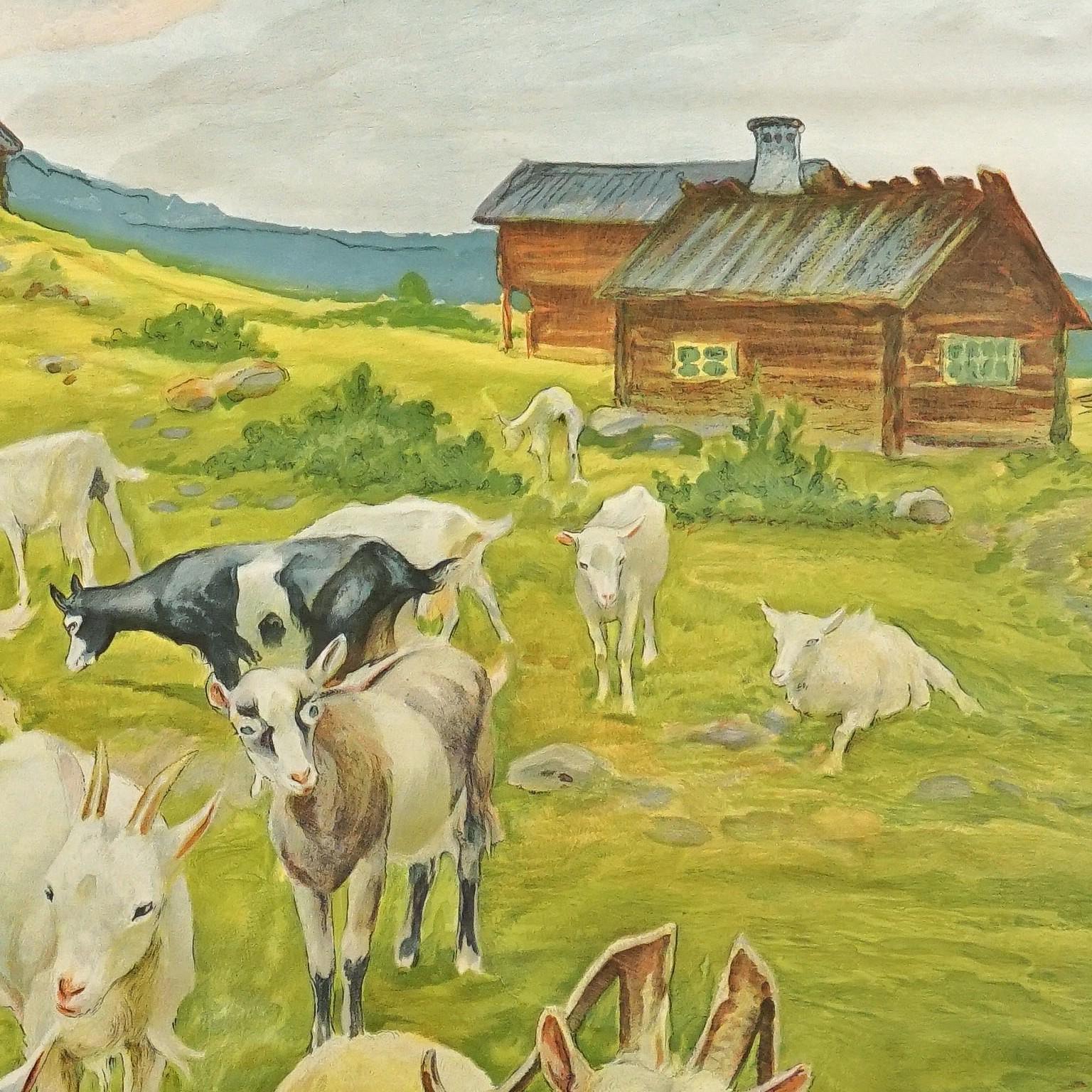 Late 20th Century Countrycore Mural Vintage Rollable Wall Chart Goats on the Mountain Pasture For Sale
