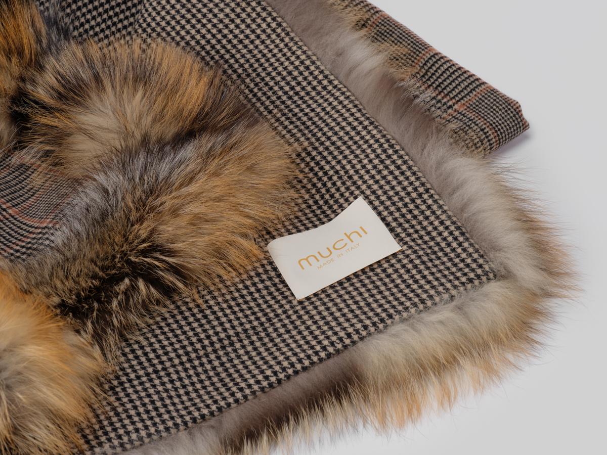Contemporary Countryman Wool Cashmere Fox Fur Throw Luxury Blanket Plaid by Muchi Decor For Sale
