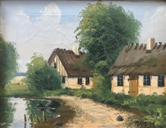 Ferme en été - début du 20e siècle, peinture à l'huile signée du Danemark