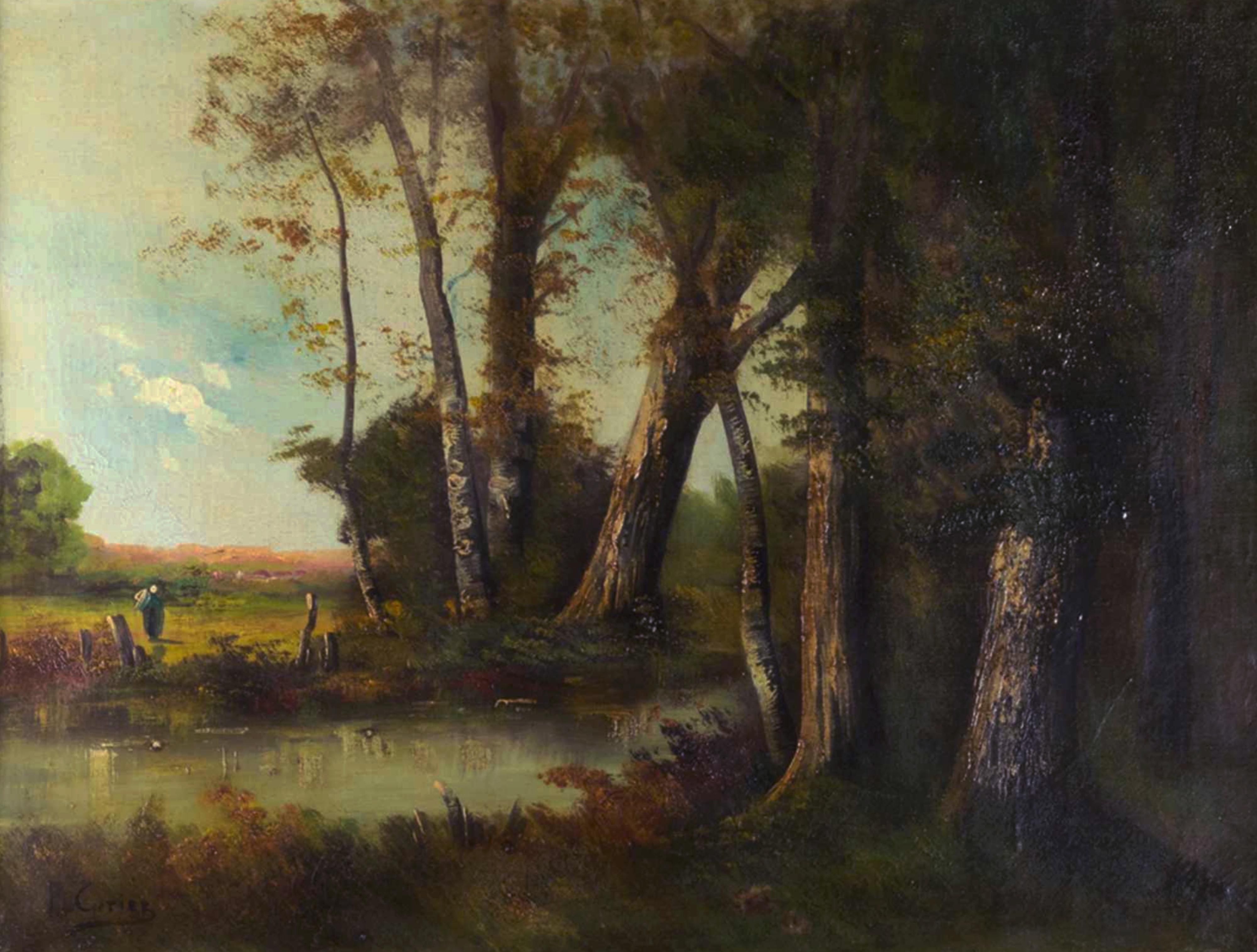 A french painting of bucolic landscape with river and man in the distance signed «P . Curier».

Frame 85 x70 cm 
Canvas 65 x 50 cm
