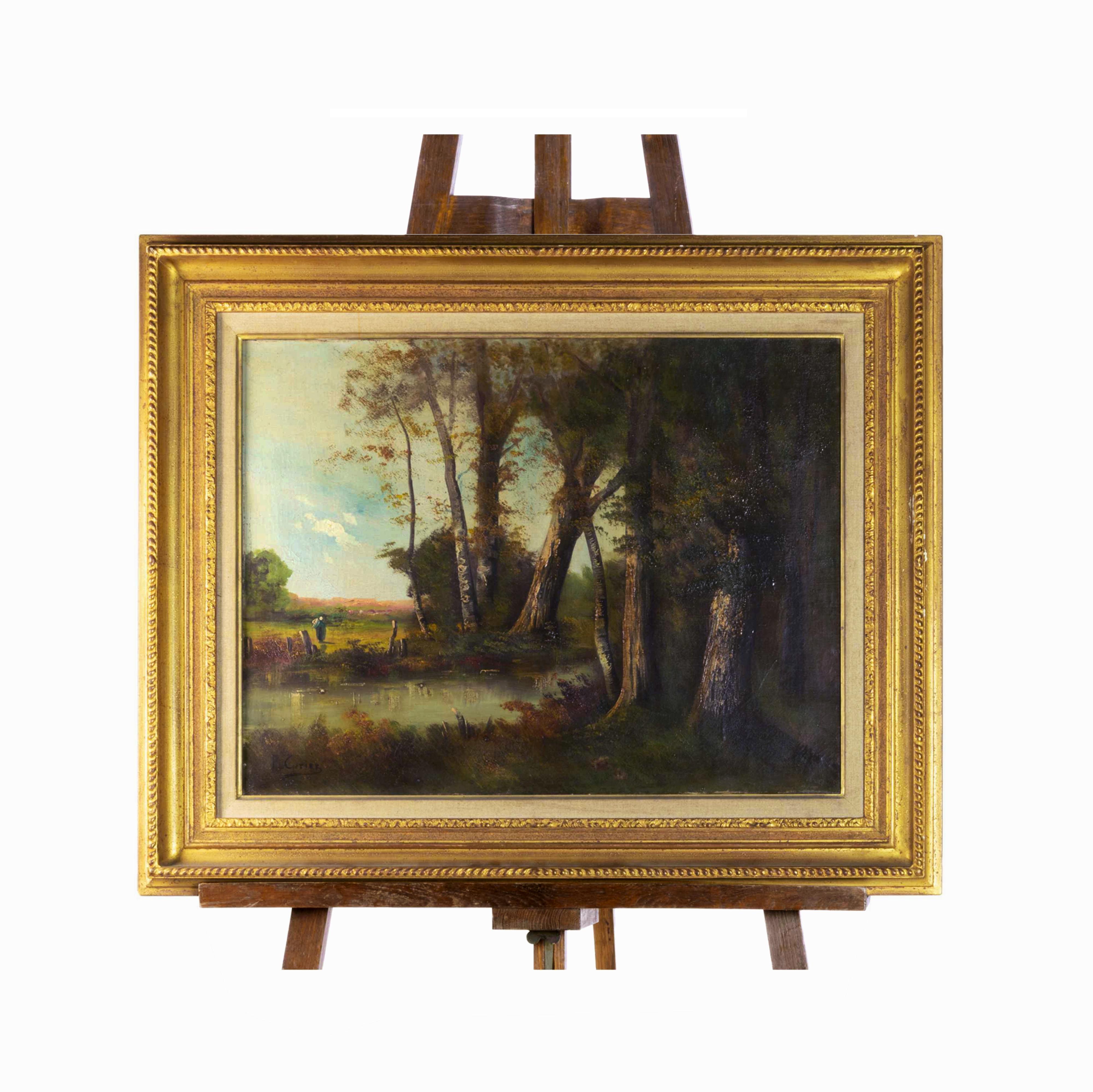 Oiled Countryside Landscape Painting, Signed «P Curier», 20th Century   For Sale