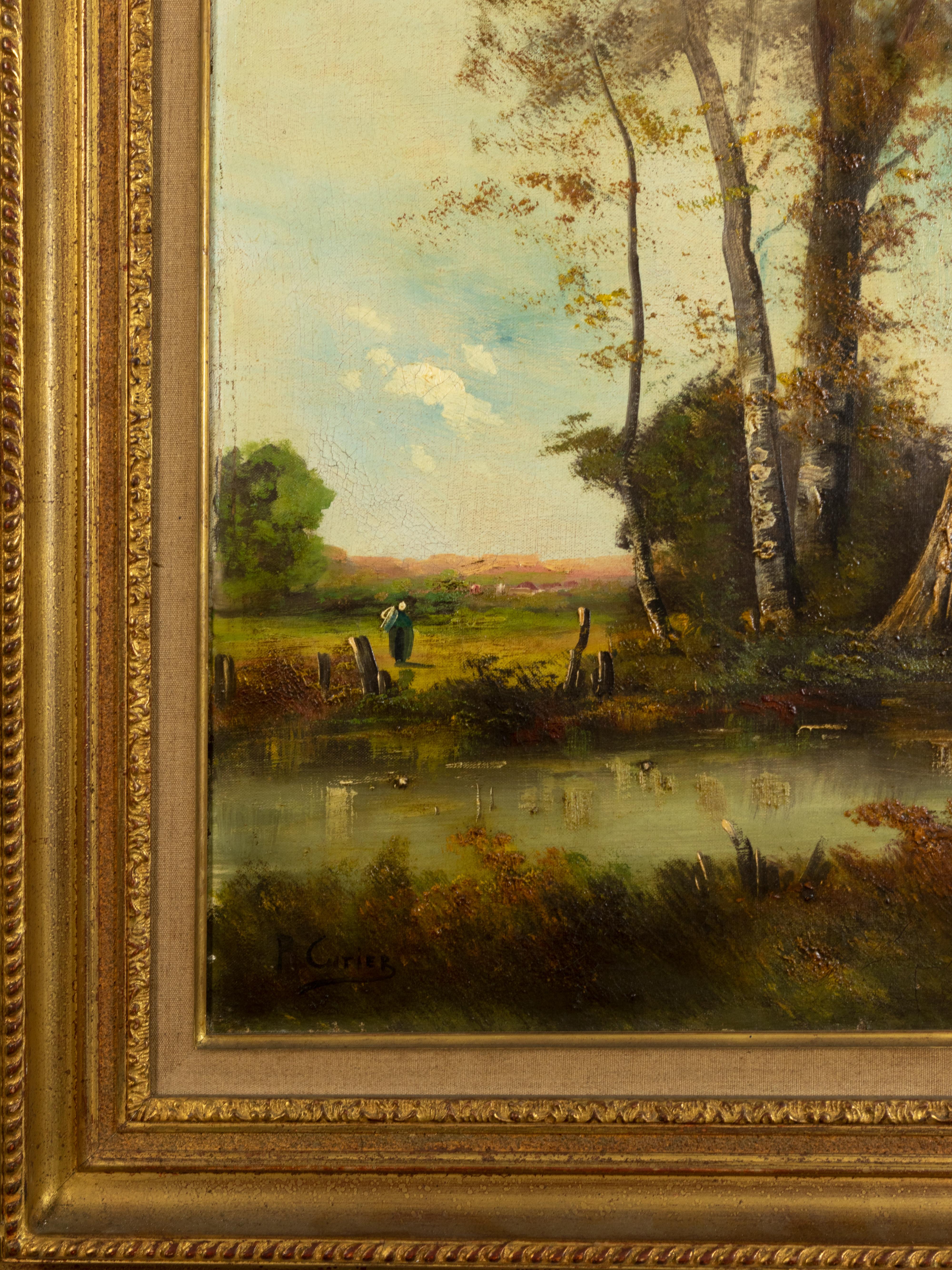 Peinture française d'un paysage bucolique avec une rivière et un homme au loin, signée 