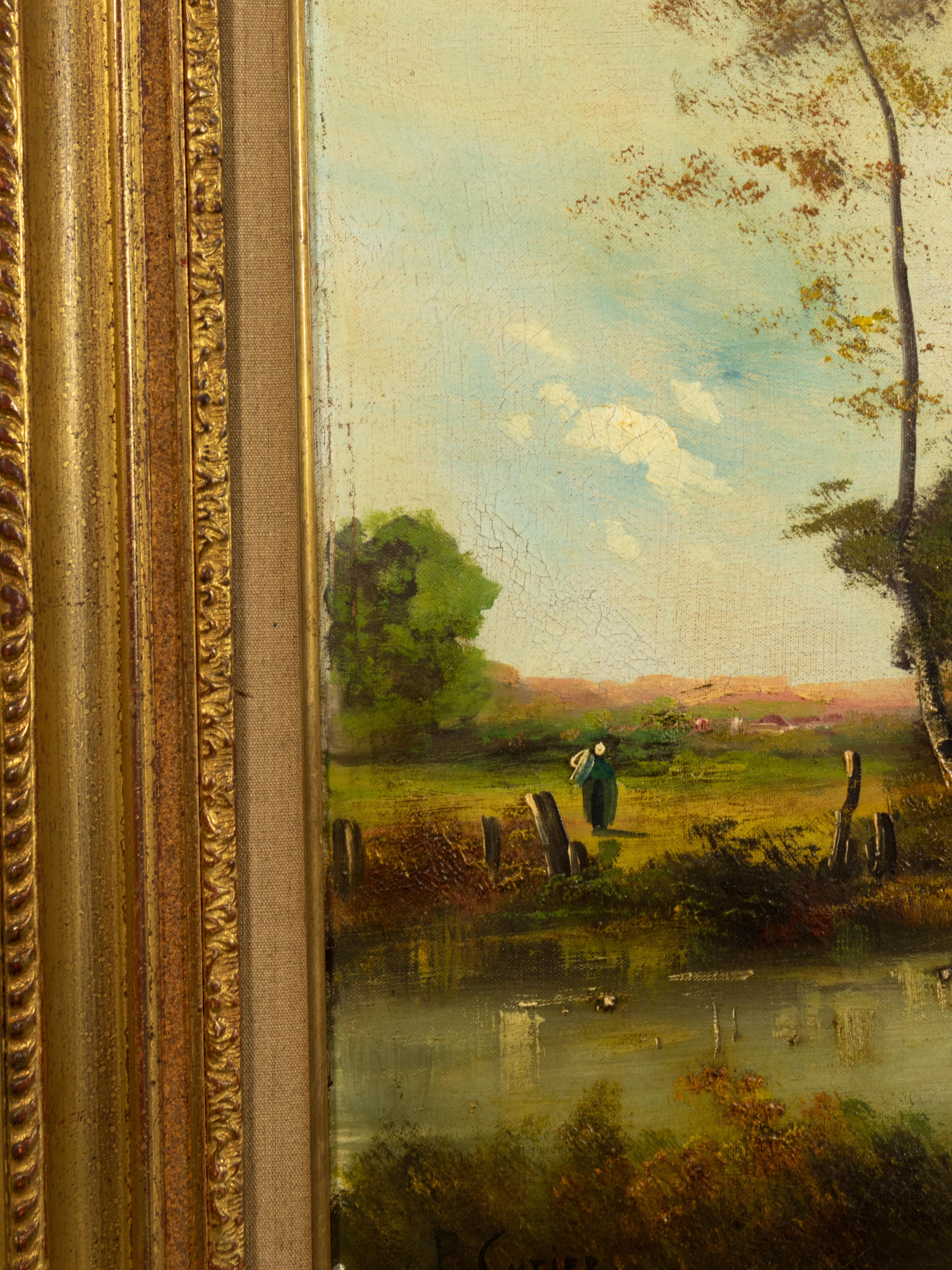 Oiled Countryside Landscape Painting, Signed «P Curier», 20th Century   For Sale