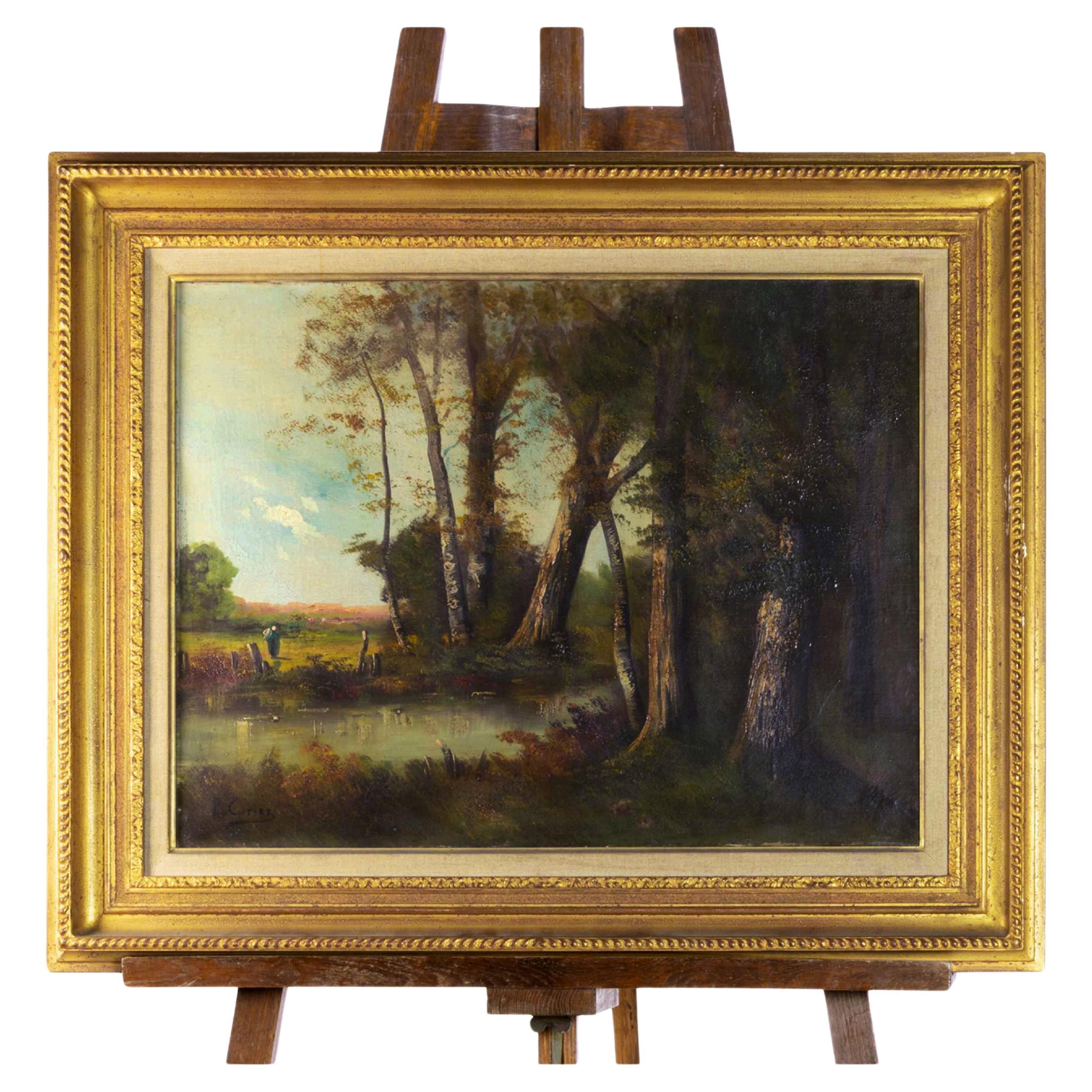 Countryside Landscape Painting, Signed «P Curier», 20th Century   For Sale