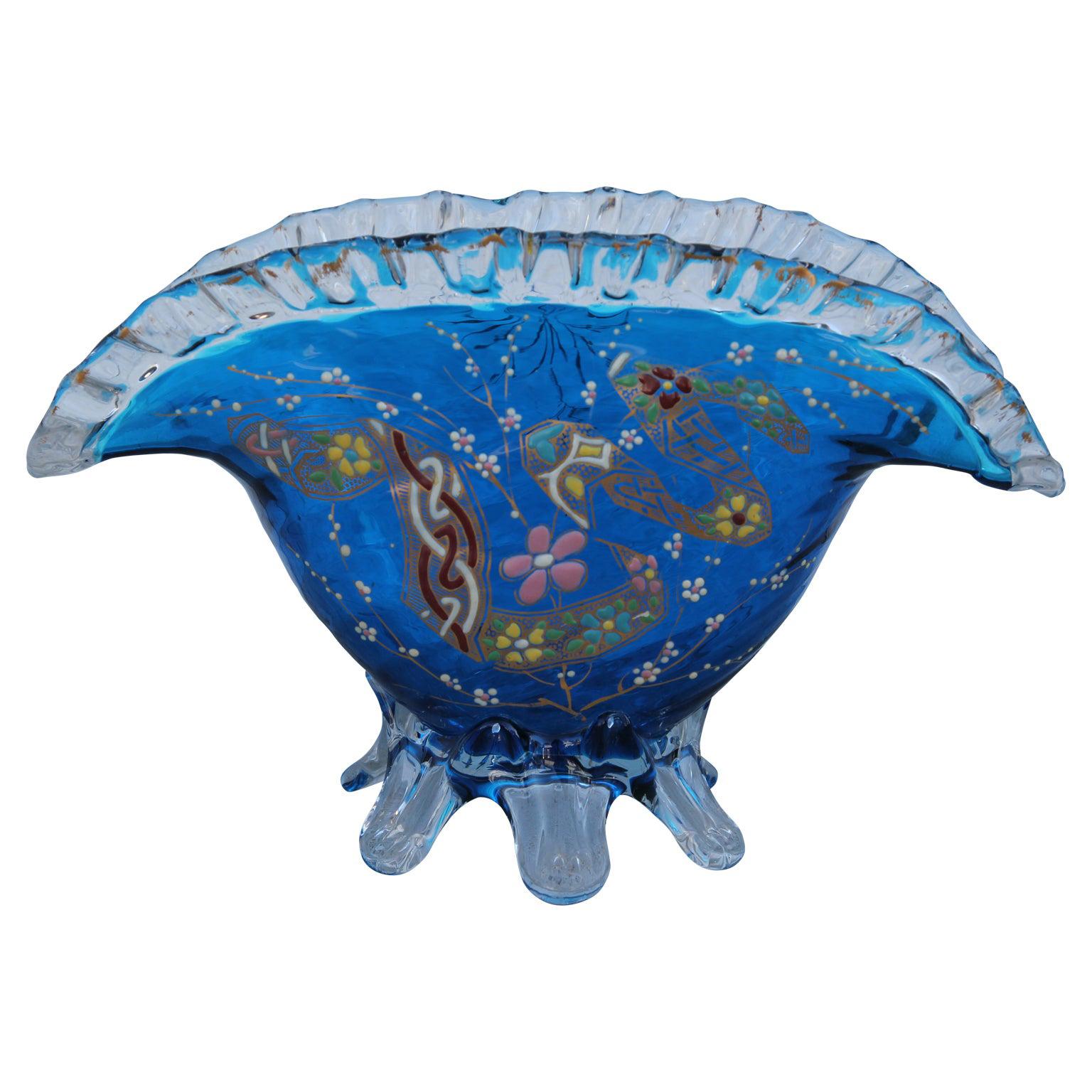 Coupe Blue Fan Art Nouveau Enamelled Glass Gilt Art Nouveau Vase