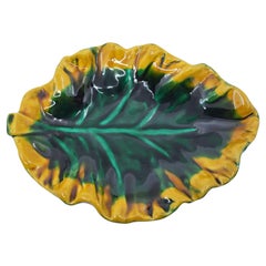 Vallauris Decorative Bowl, Green & Yellow Leaf Design, Vintage 1970s