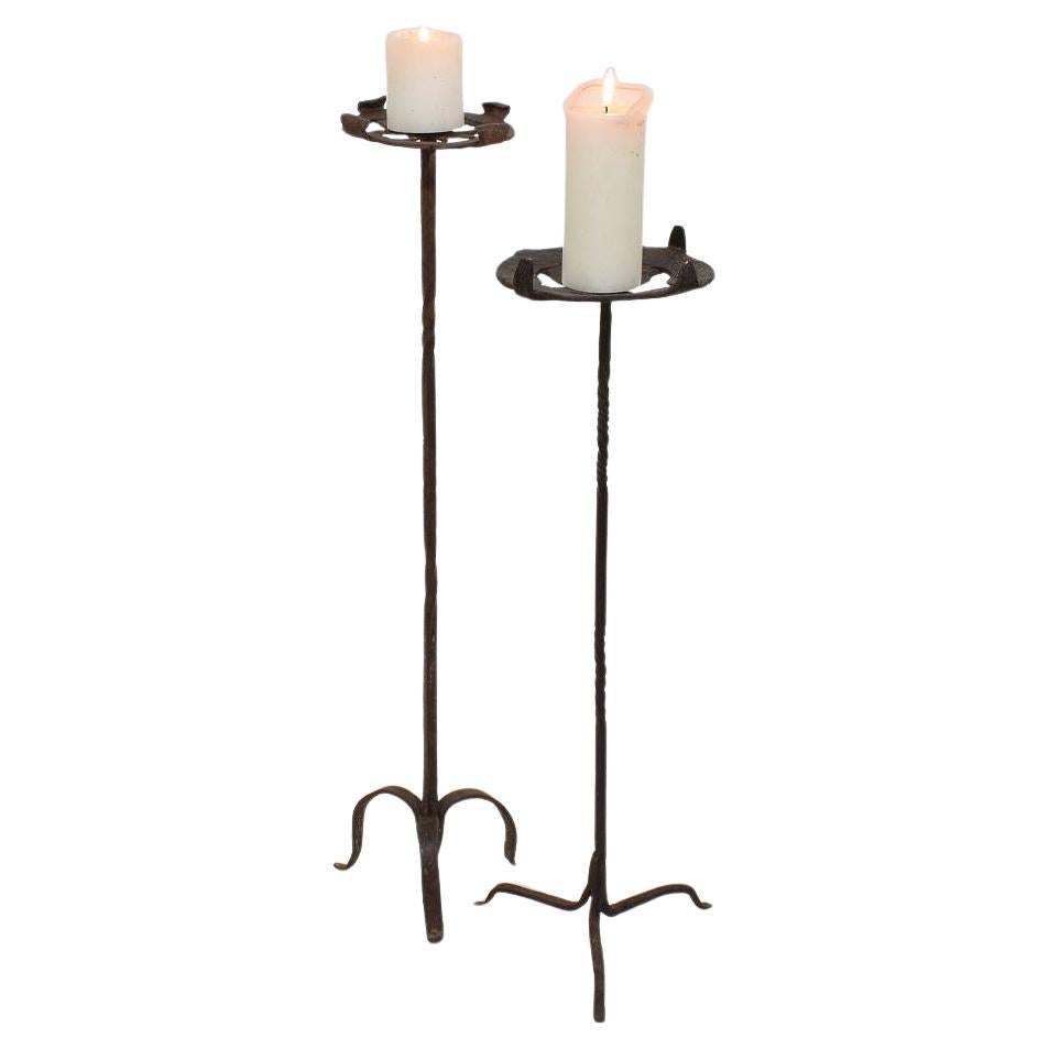 Couple 16th-17th Century Spanish Hand Forged Iron Candleholders