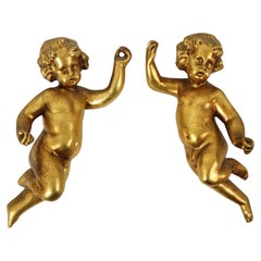 Couple Angels Putti Statues Gold Leaf Gilded Stucco 29cm