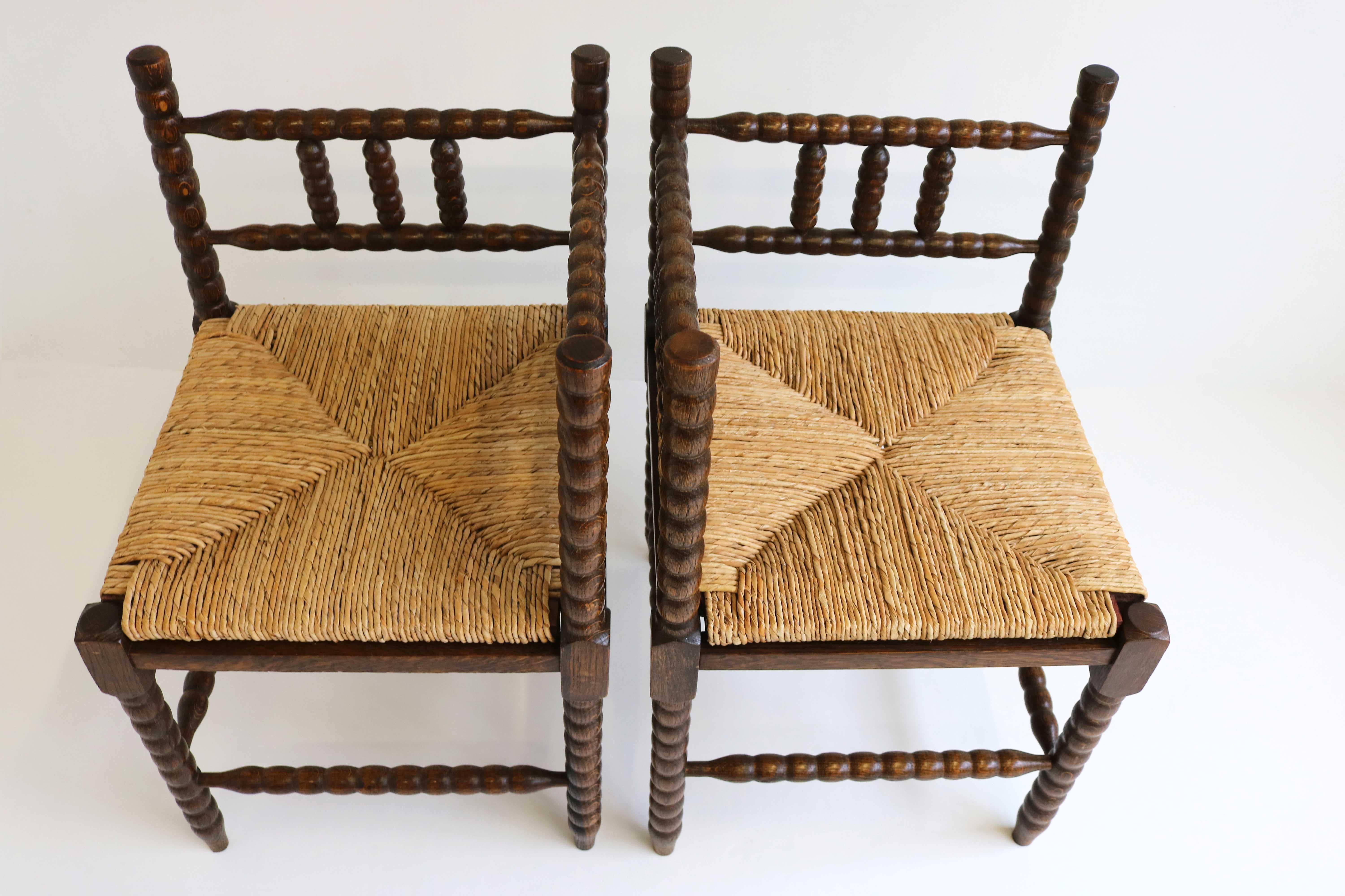 Country Couple Antique Dutch Ruch-Seat Oak Corner Bobbin Chairs Turned Hand Crafted 1900