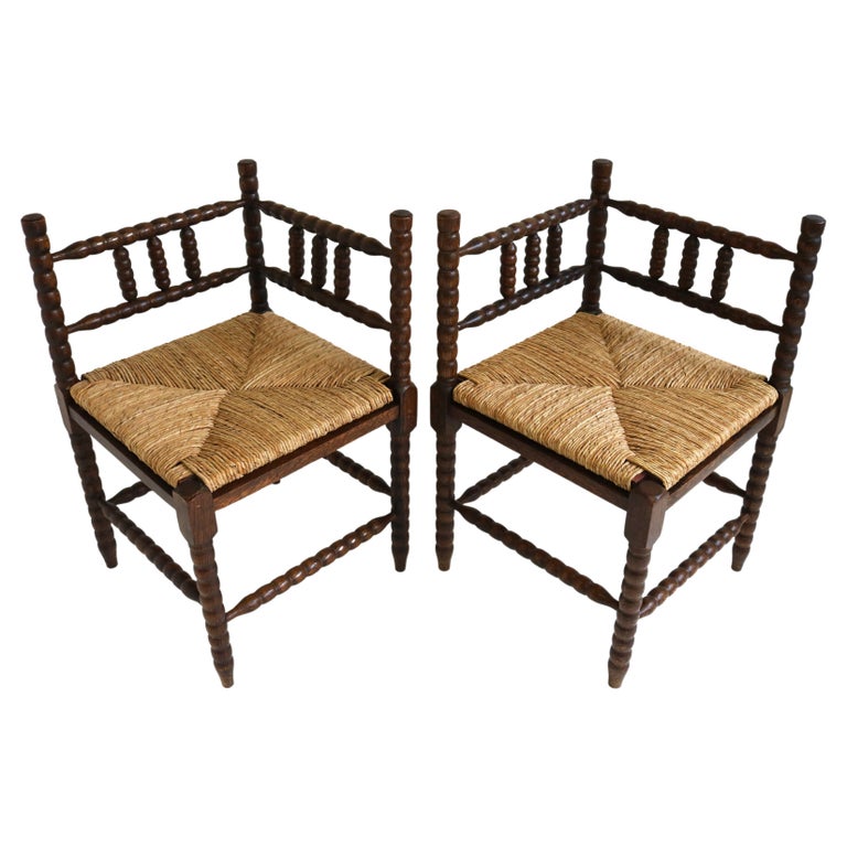 Couple Antique Dutch RuchSeat Oak Corner Bobbin Chairs Turned Hand Crafted 1900 For Sale at 1stDibs