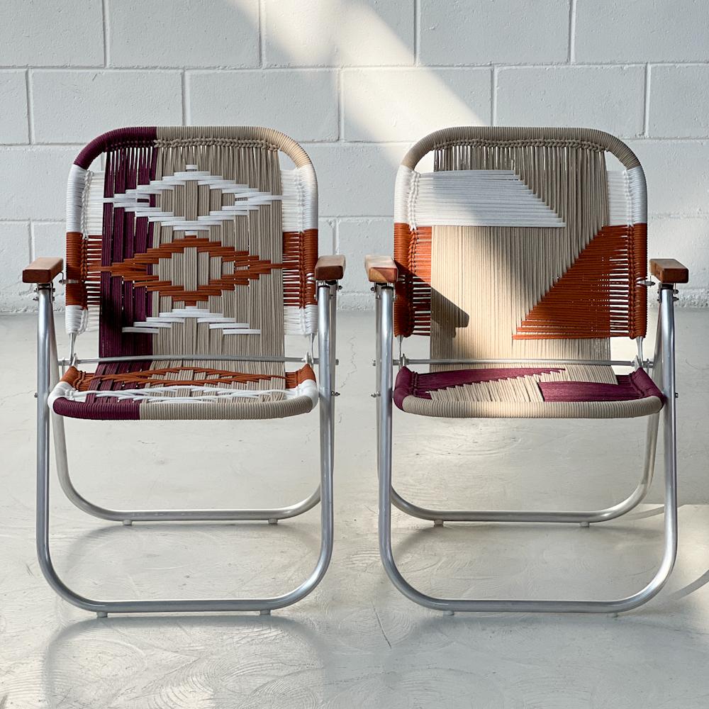 - Trama 3 and Trama7 - main color: sand - secundary color: burgundy, white, ocher.
- structure color: natural aluminum

beach chair, country chair, garden chair, lawn chair, camping chair, folding chair, stylish chair, funky chair

DENGÔ -
A