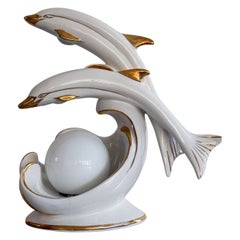 Couple Dolphin Design Porcelain Signed by Artist Table Lamp, 1960s, Italy