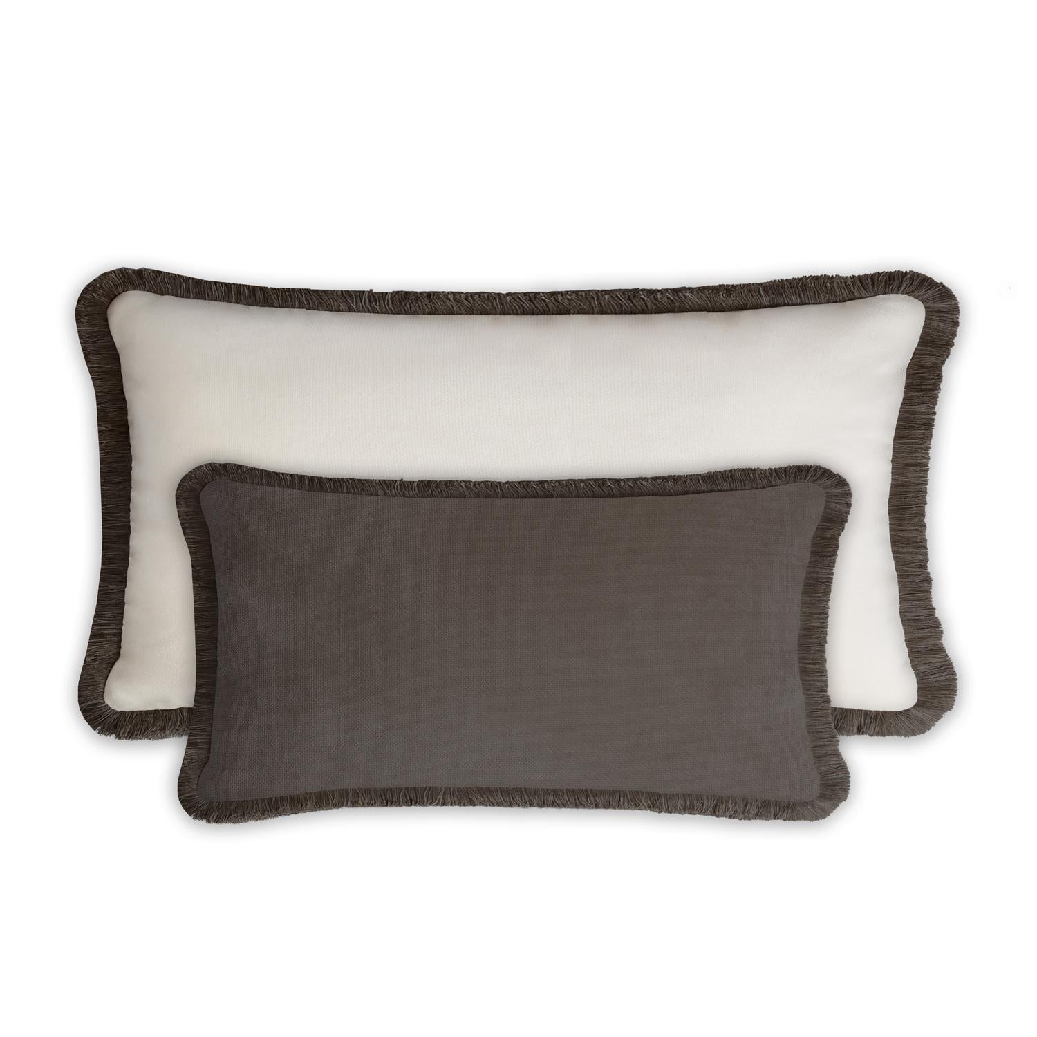 Italian Couple Happy Pillow Beige and White Velvet with Fringes For Sale