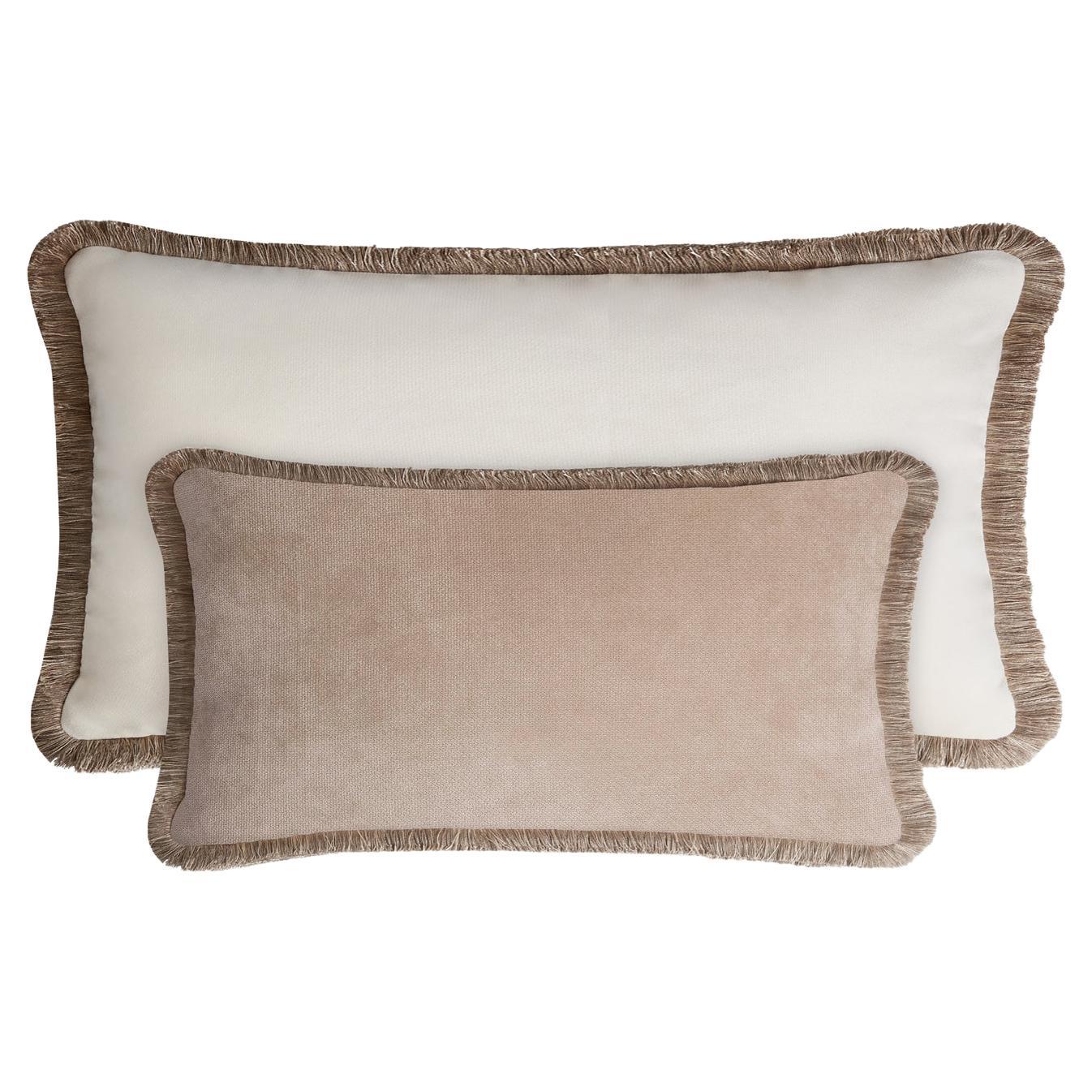 Couple Happy Pillow Beige and White Velvet with Fringes For Sale