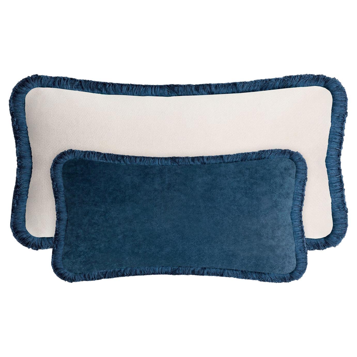 Coussin Couple Happy en velours bleu et blanc avec franges