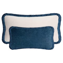 Couple Happy Pillow Blue and White Velvet with Fringes