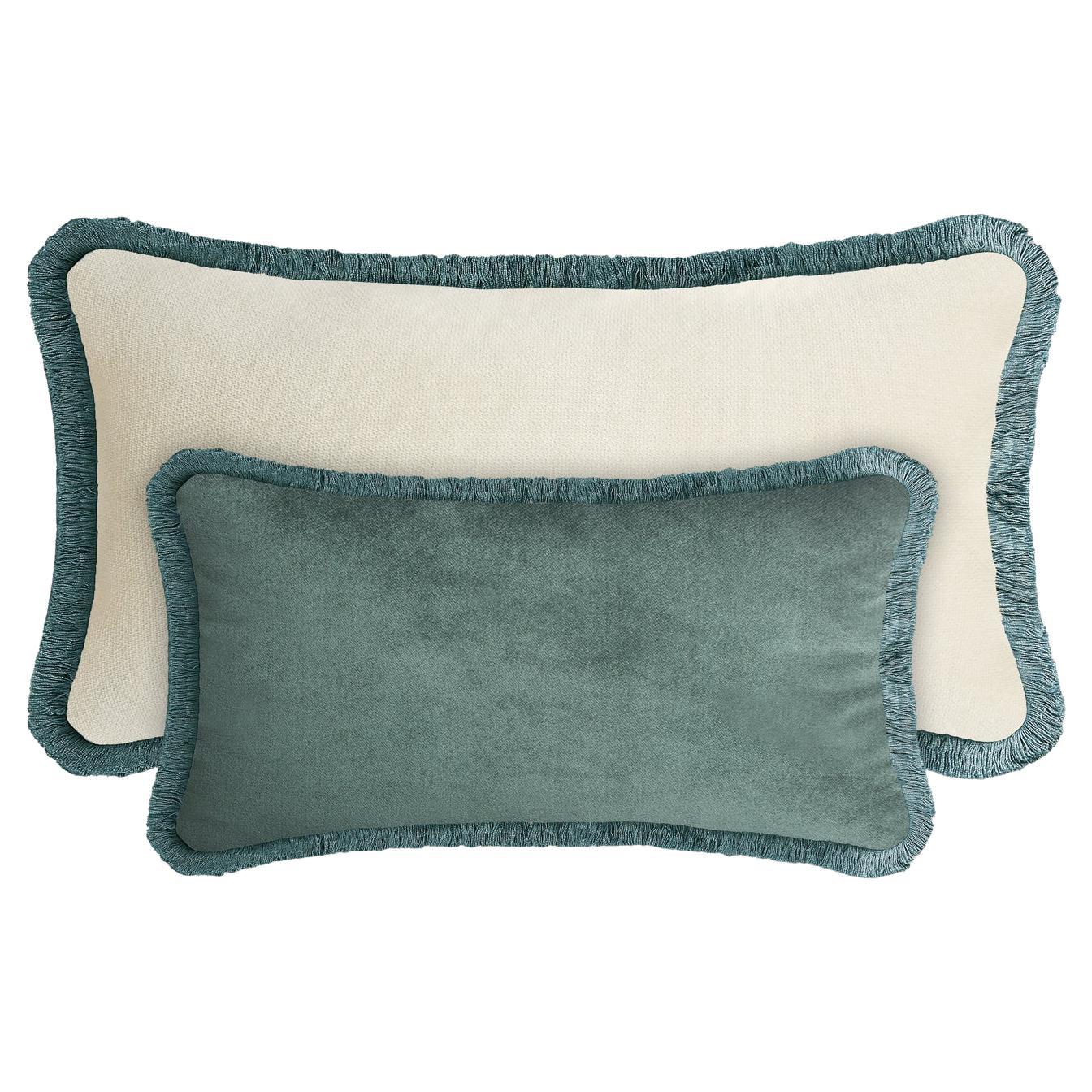 Couple Happy Pillow Teal and White Velvet with Fringes For Sale