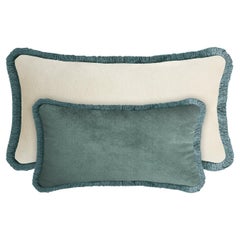 Couple Happy Pillow Teal and White Velvet with Fringes