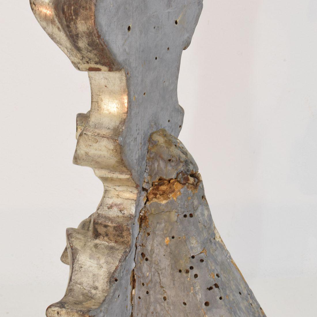 Couple of 18th Century Italian Baroque Carved Wooden And Silvered Candlesticks For Sale 8