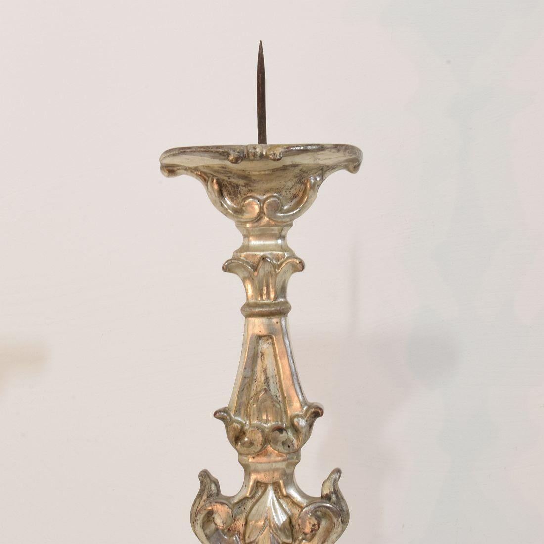 Couple of 18th Century Italian Baroque Carved Wooden And Silvered Candlesticks For Sale 10