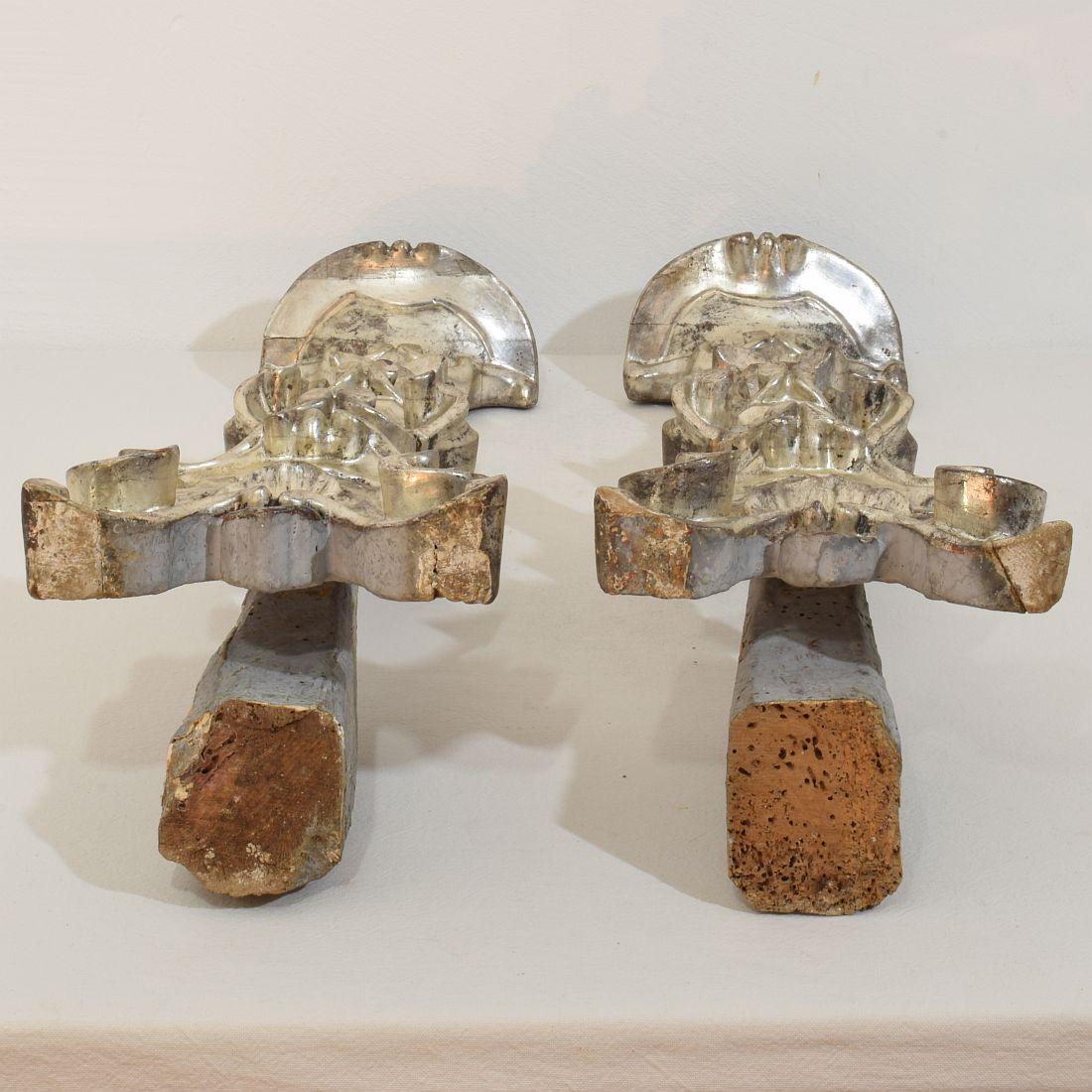 Couple of 18th Century Italian Baroque Carved Wooden And Silvered Candlesticks For Sale 13