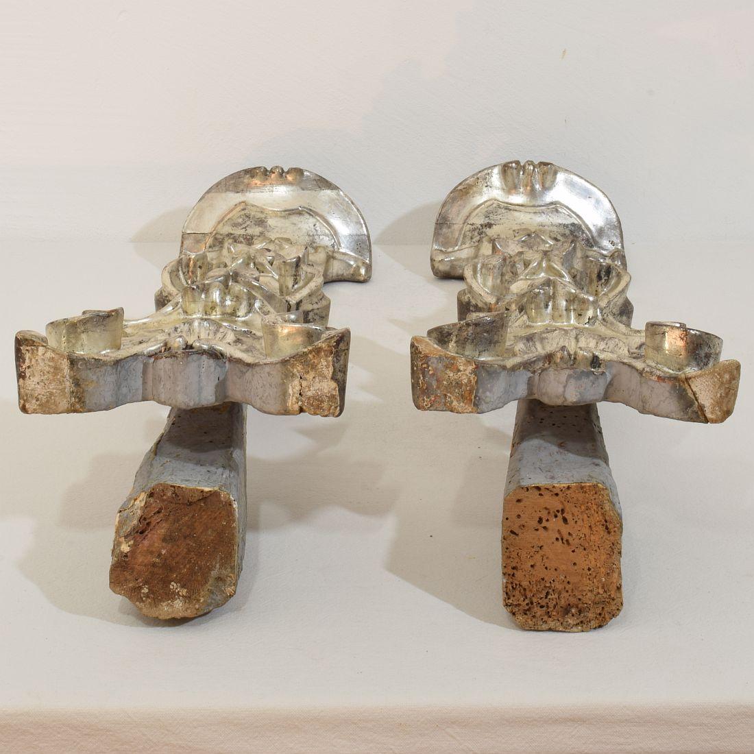 Couple of 18th Century Italian Baroque Carved Wooden And Silvered Candlesticks For Sale 15