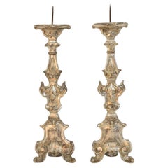 Couple of 18th Century Italian Baroque Carved Wooden And Silvered Candlesticks